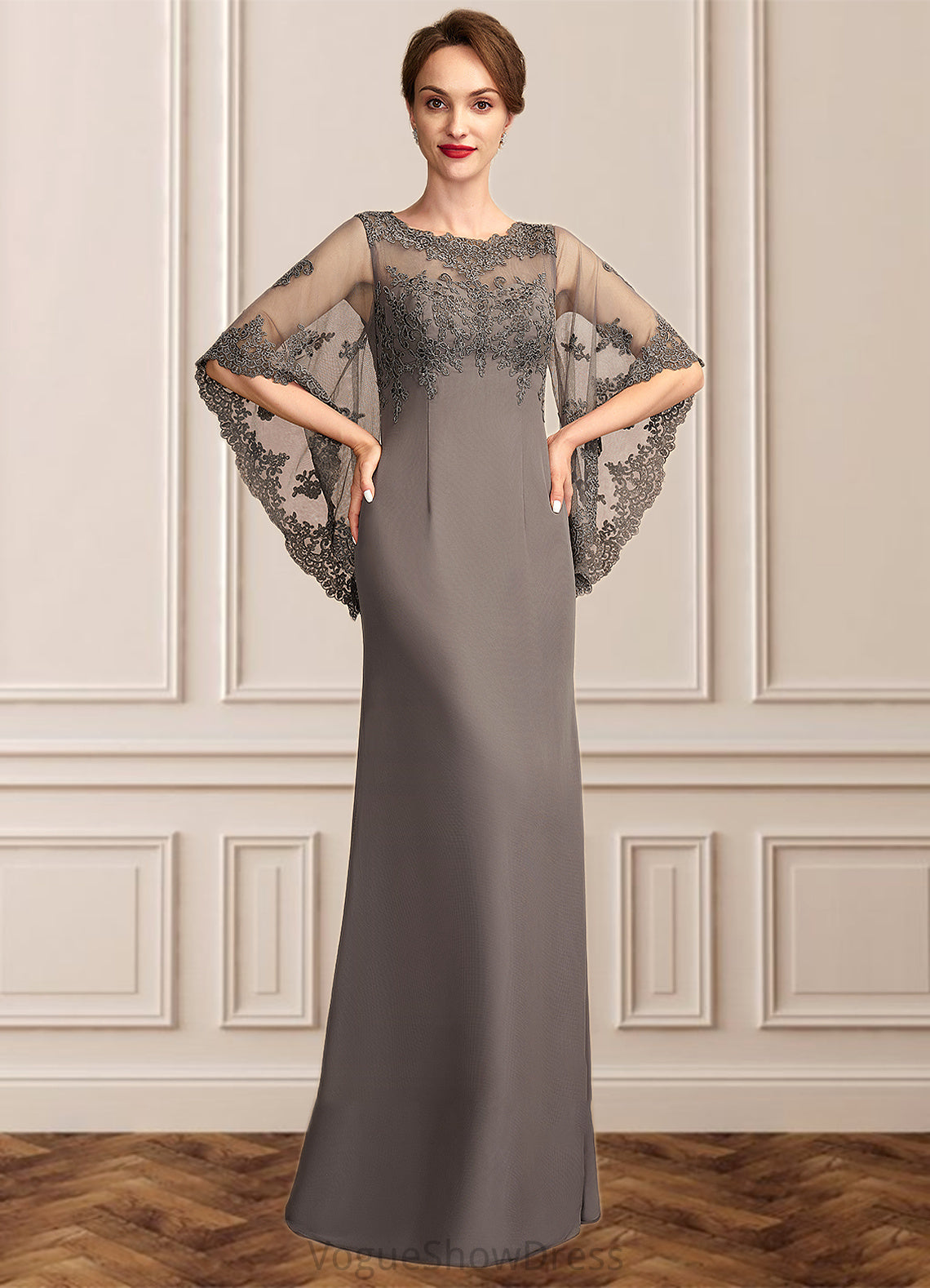 Riley Sheath/Column Scoop Neck Floor-Length Chiffon Lace Mother of the Bride Dress DL126P0014996