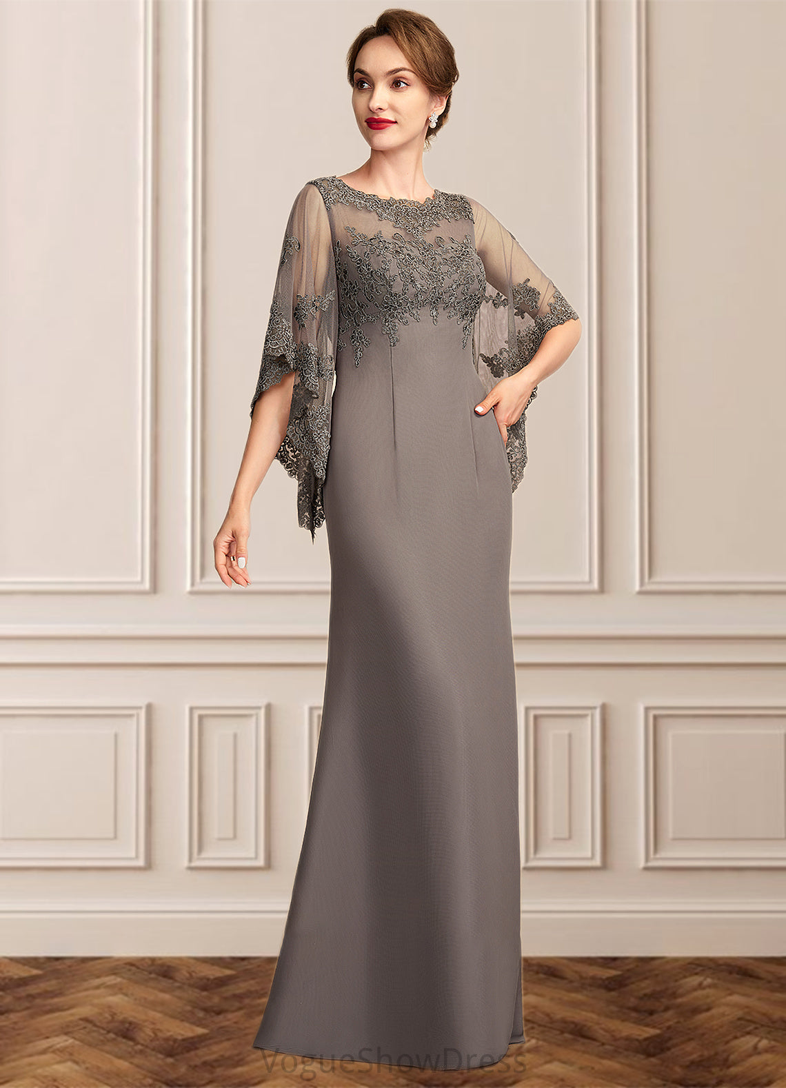 Riley Sheath/Column Scoop Neck Floor-Length Chiffon Lace Mother of the Bride Dress DL126P0014996