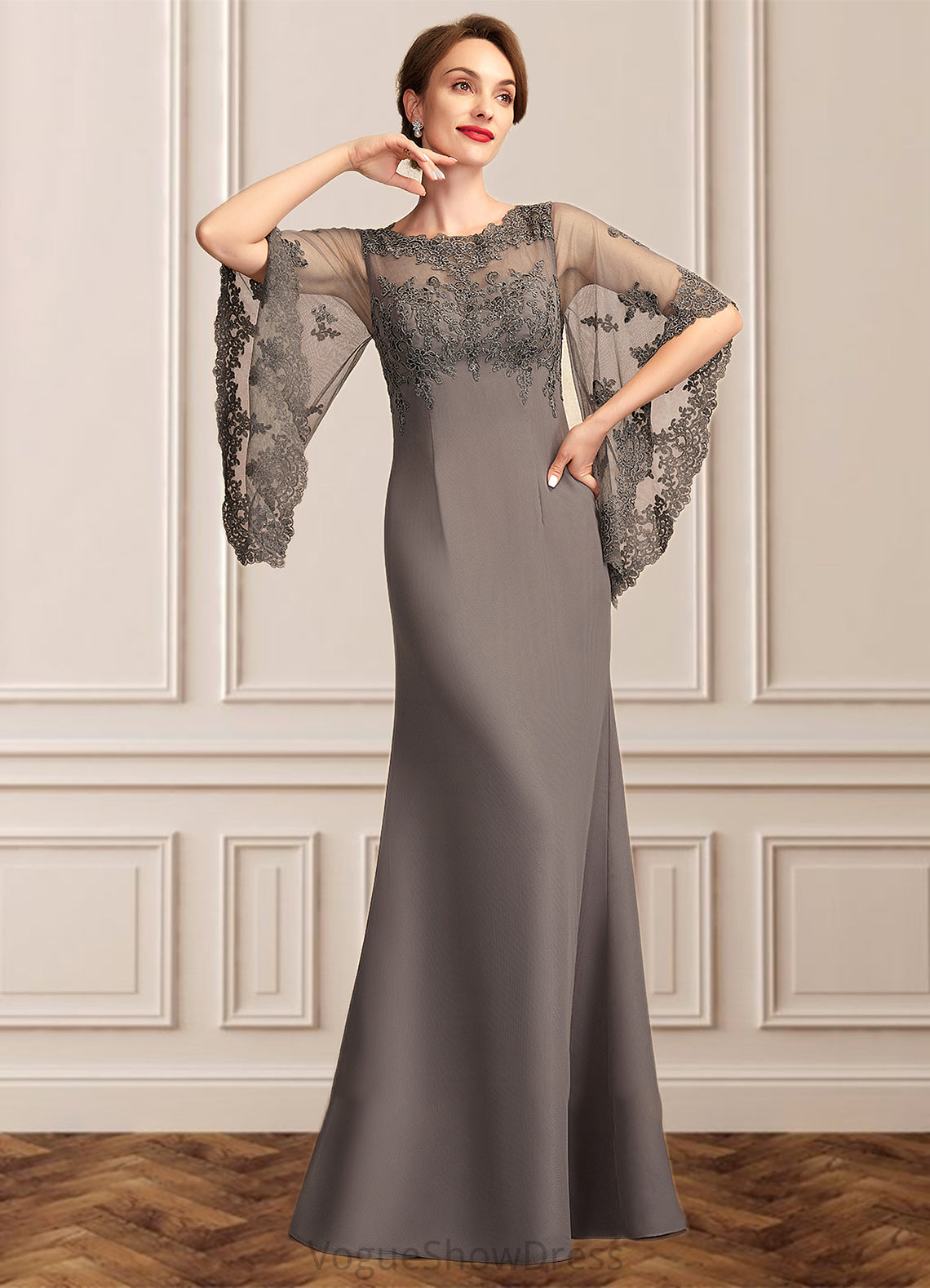 Riley Sheath/Column Scoop Neck Floor-Length Chiffon Lace Mother of the Bride Dress DL126P0014996