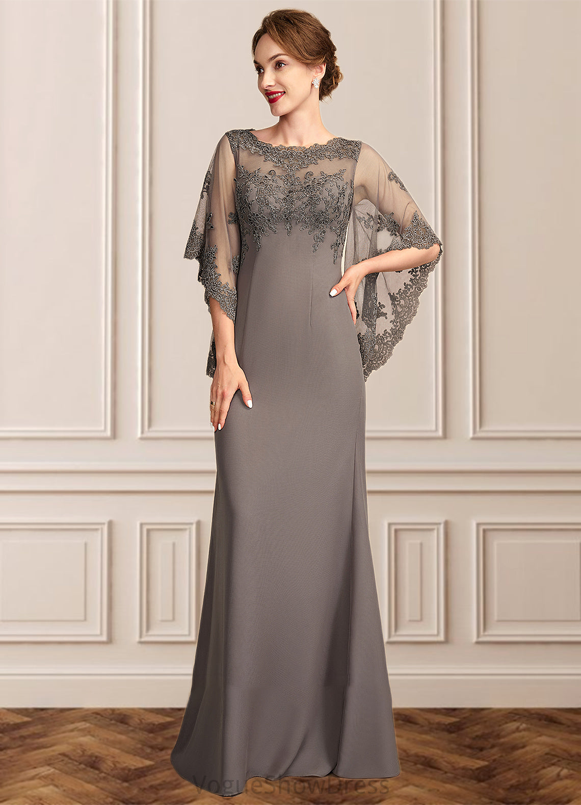 Riley Sheath/Column Scoop Neck Floor-Length Chiffon Lace Mother of the Bride Dress DL126P0014996