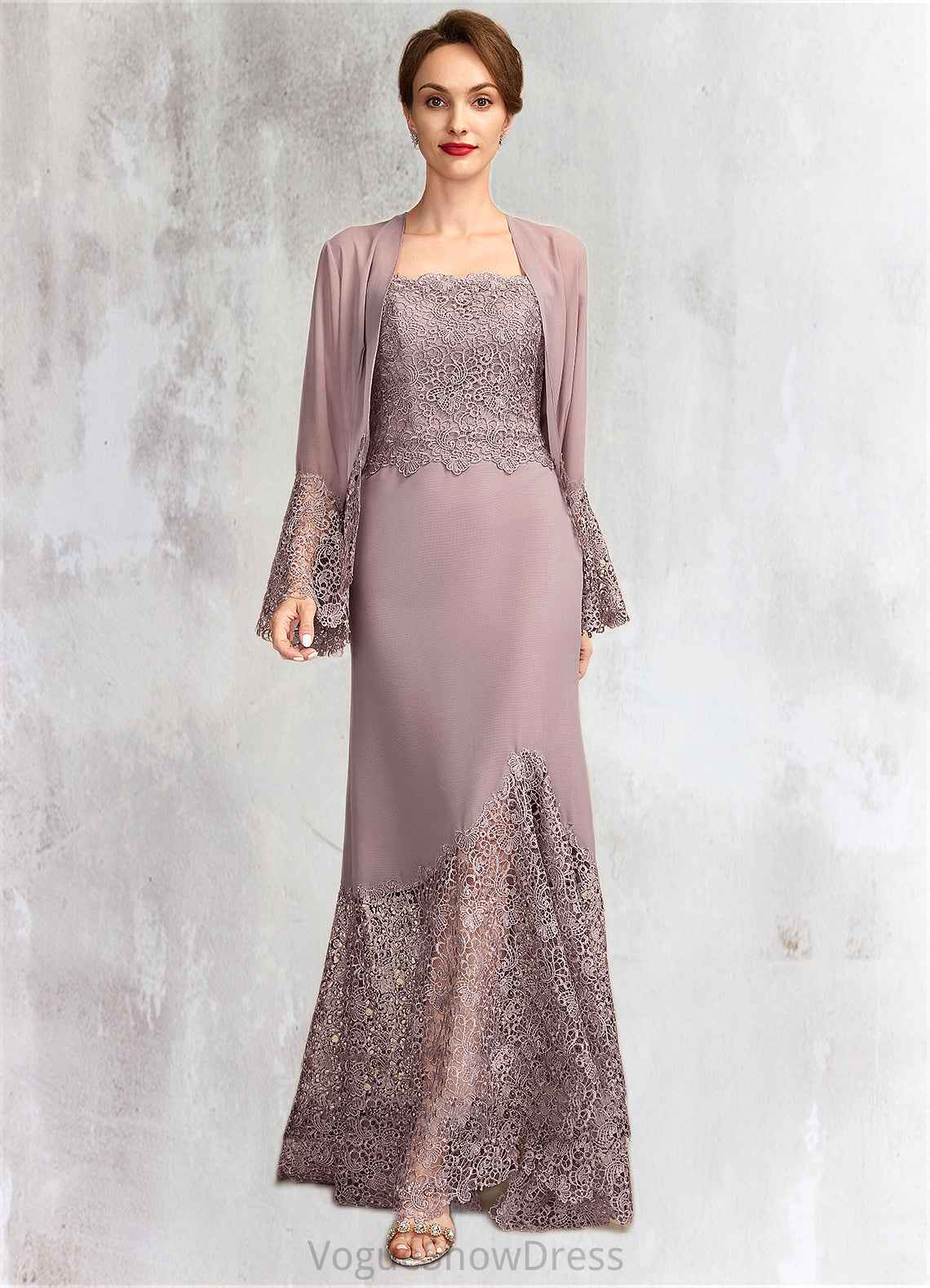 Paisley Trumpet/Mermaid Square Neckline Asymmetrical Chiffon Lace Mother of the Bride Dress DL126P0015001