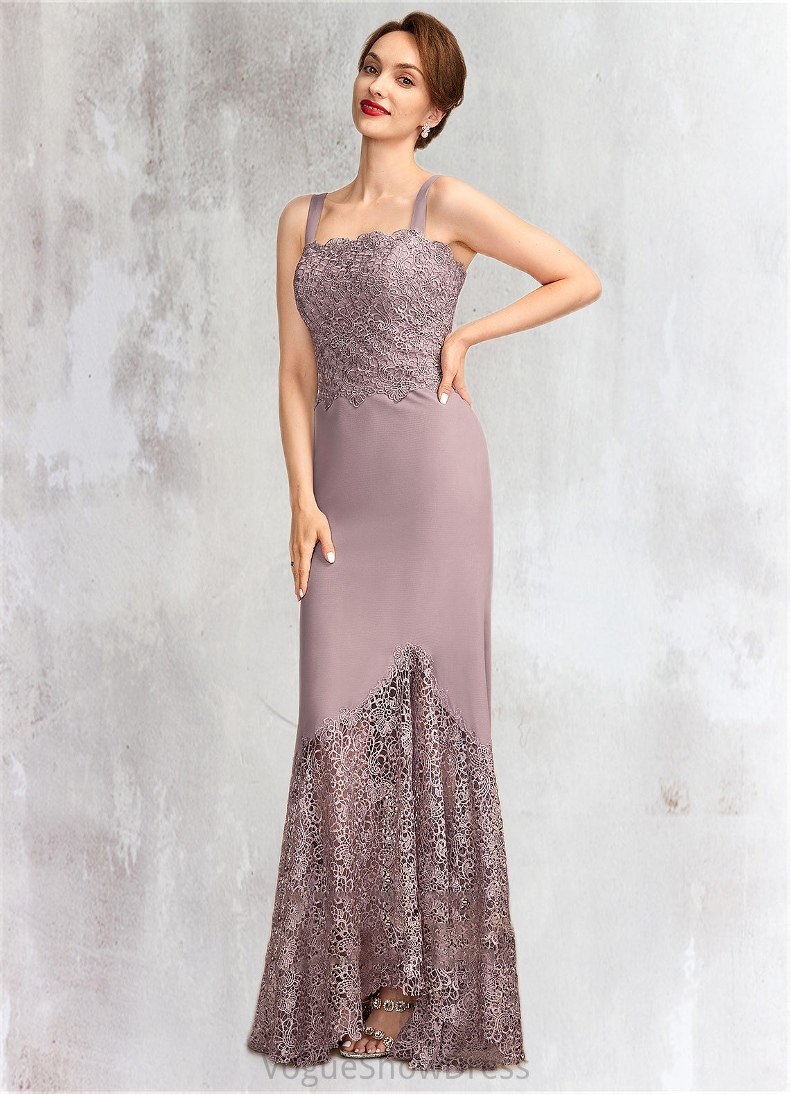 Paisley Trumpet/Mermaid Square Neckline Asymmetrical Chiffon Lace Mother of the Bride Dress DL126P0015001