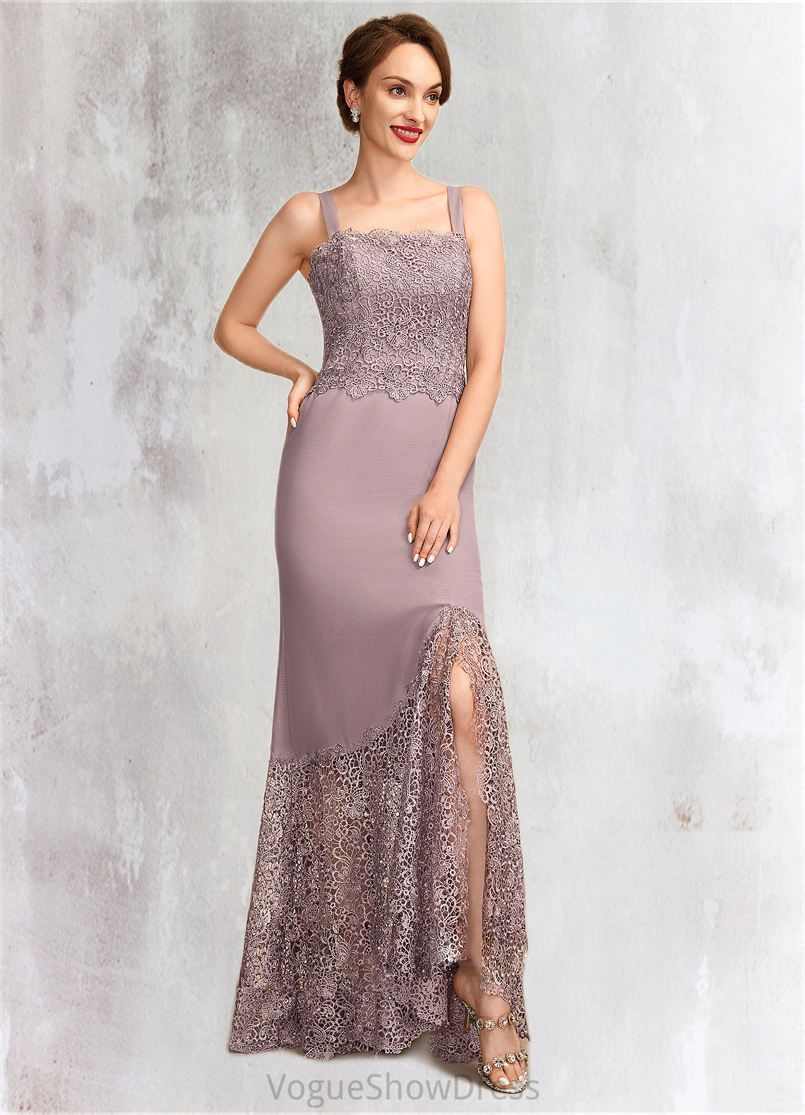 Paisley Trumpet/Mermaid Square Neckline Asymmetrical Chiffon Lace Mother of the Bride Dress DL126P0015001