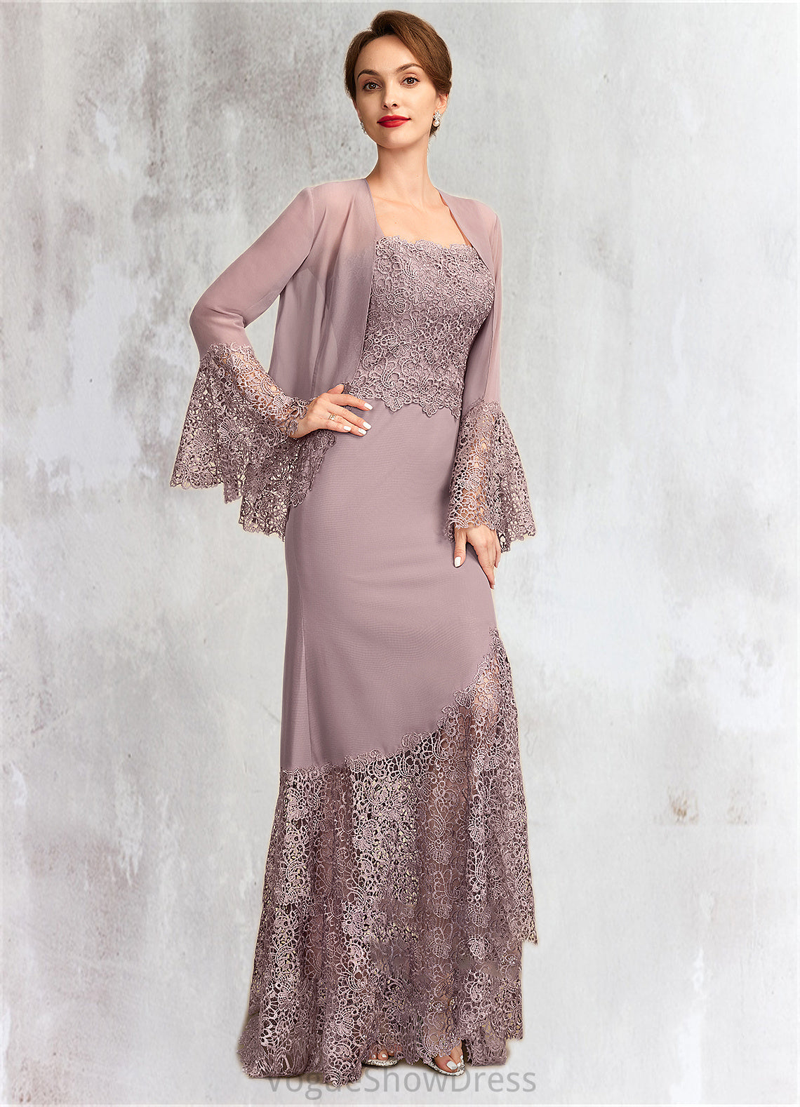 Paisley Trumpet/Mermaid Square Neckline Asymmetrical Chiffon Lace Mother of the Bride Dress DL126P0015001