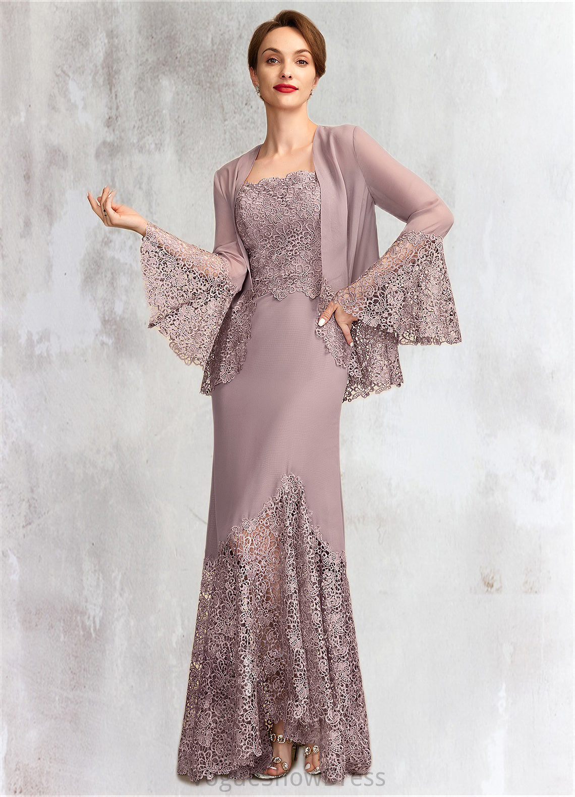 Paisley Trumpet/Mermaid Square Neckline Asymmetrical Chiffon Lace Mother of the Bride Dress DL126P0015001