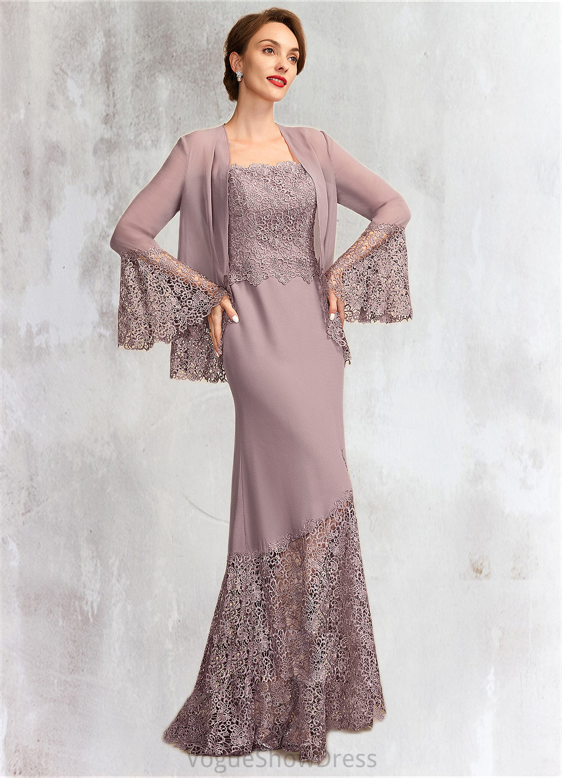 Paisley Trumpet/Mermaid Square Neckline Asymmetrical Chiffon Lace Mother of the Bride Dress DL126P0015001