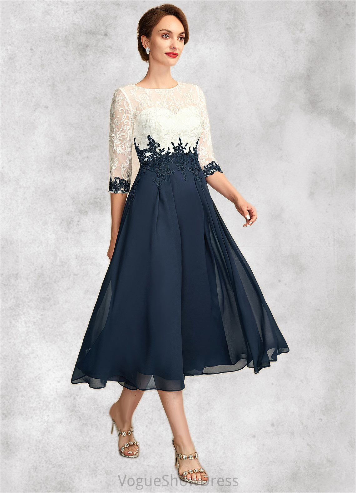 Allison A-Line Scoop Neck Tea-Length Chiffon Lace Mother of the Bride Dress DL126P0015002