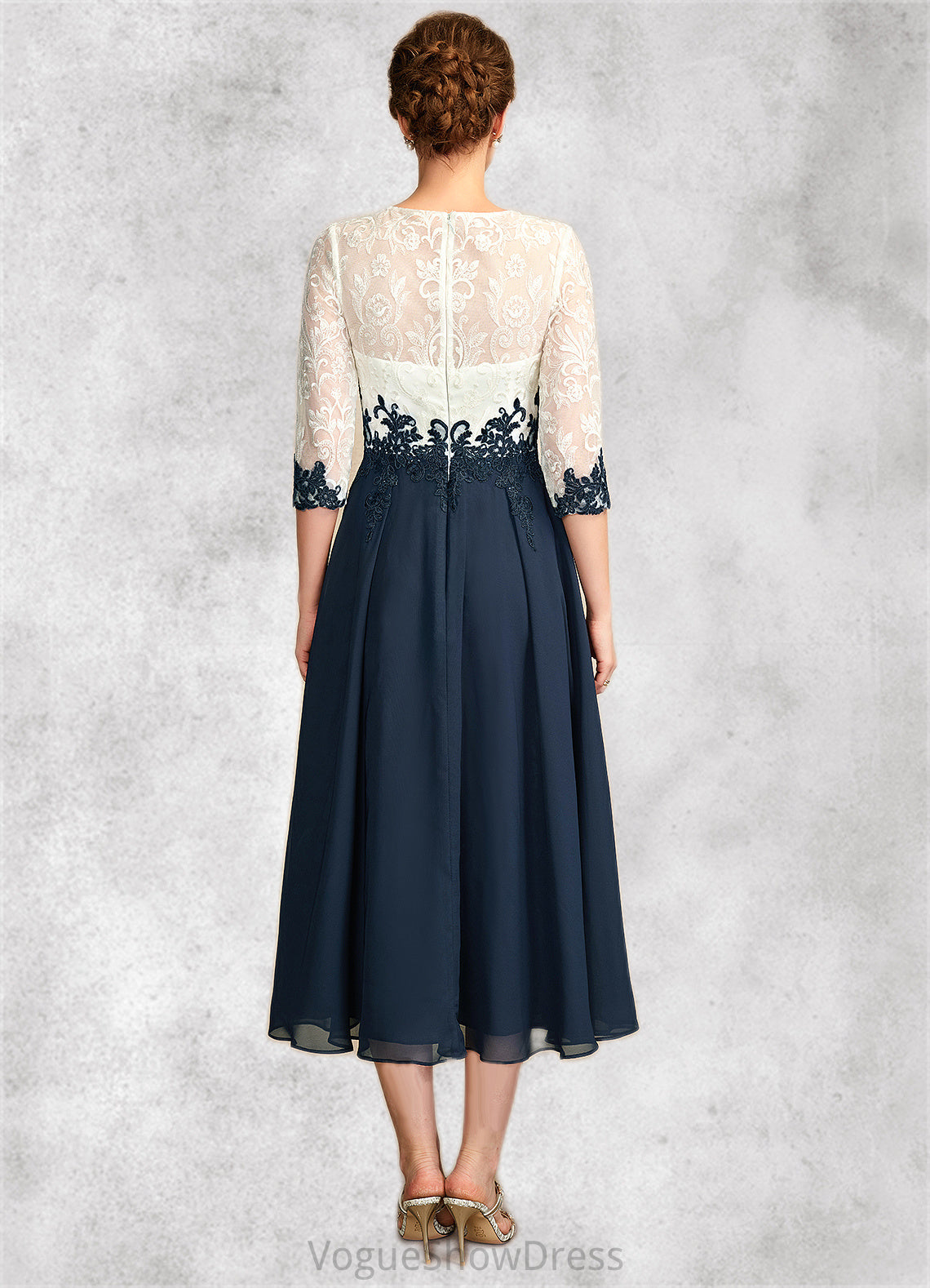 Allison A-Line Scoop Neck Tea-Length Chiffon Lace Mother of the Bride Dress DL126P0015002