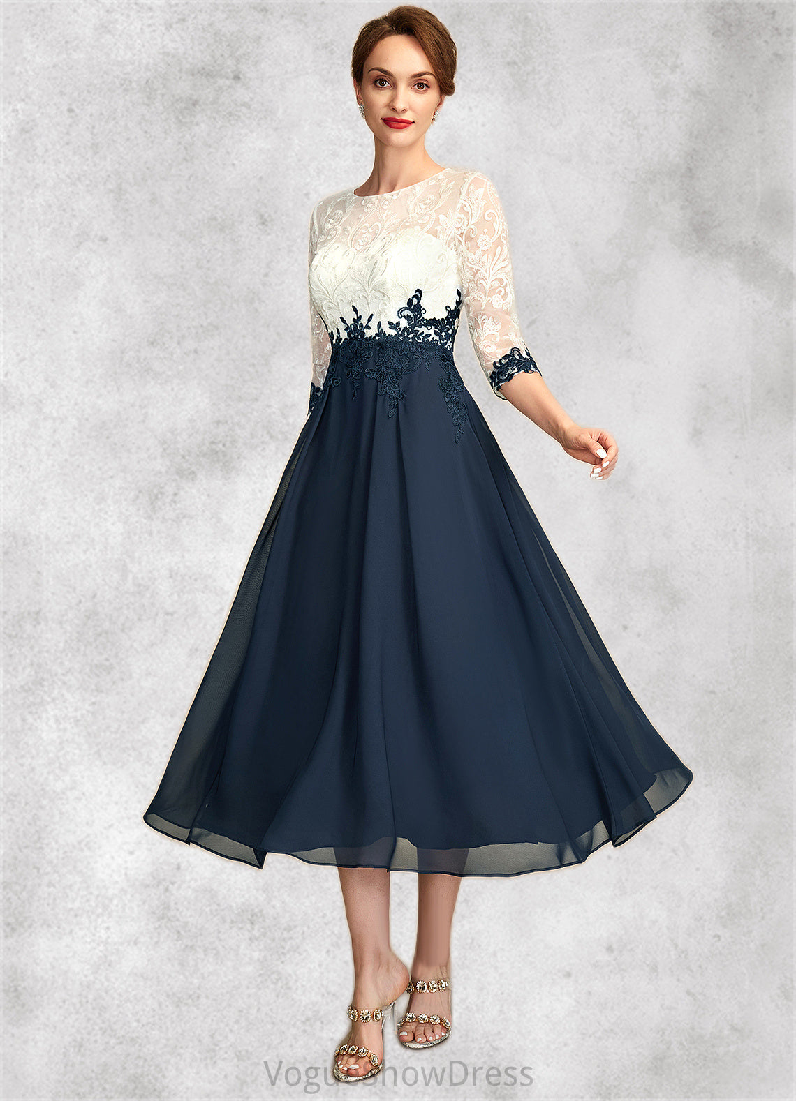 Allison A-Line Scoop Neck Tea-Length Chiffon Lace Mother of the Bride Dress DL126P0015002