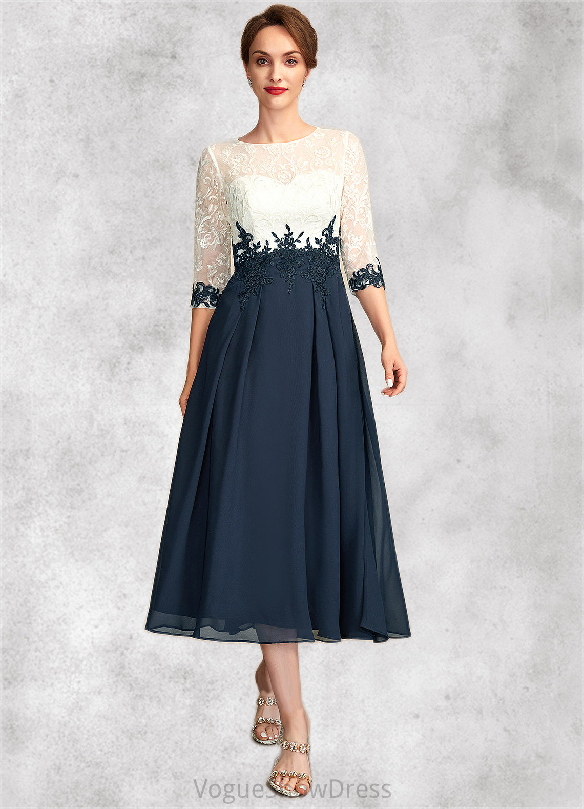 Allison A-Line Scoop Neck Tea-Length Chiffon Lace Mother of the Bride Dress DL126P0015002