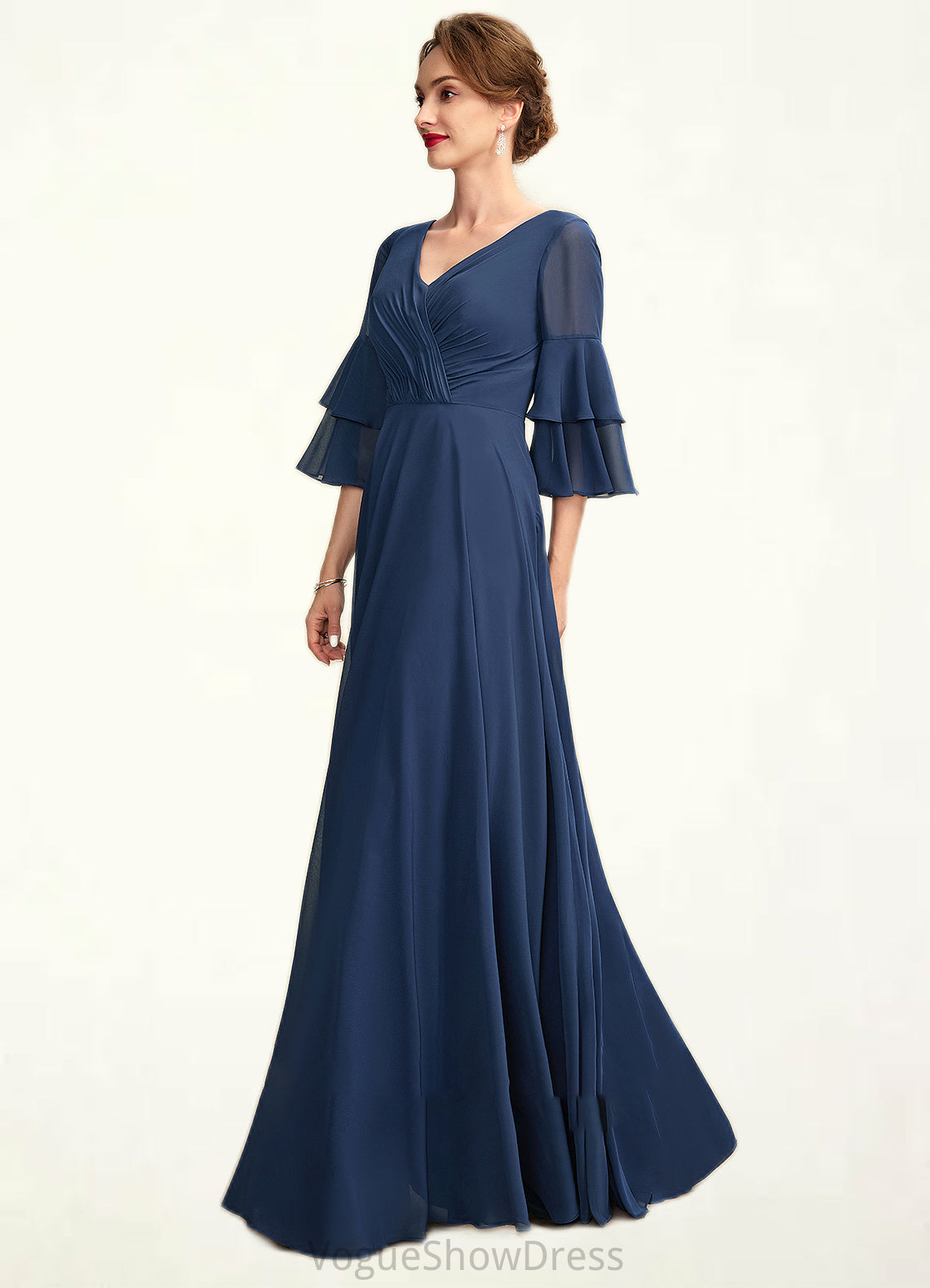 Piper A-Line V-neck Floor-Length Chiffon Mother of the Bride Dress With Cascading Ruffles DL126P0015003