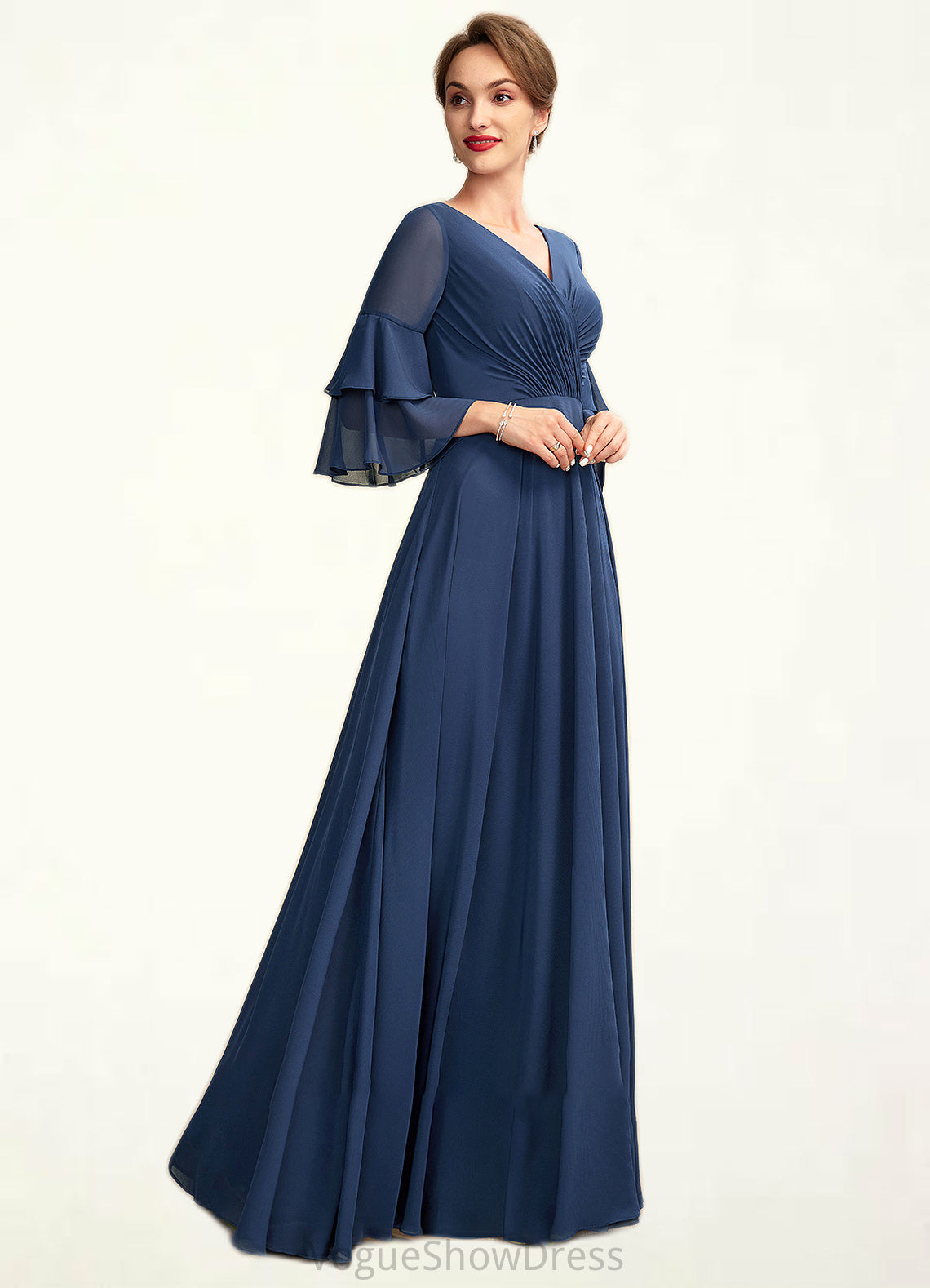 Piper A-Line V-neck Floor-Length Chiffon Mother of the Bride Dress With Cascading Ruffles DL126P0015003