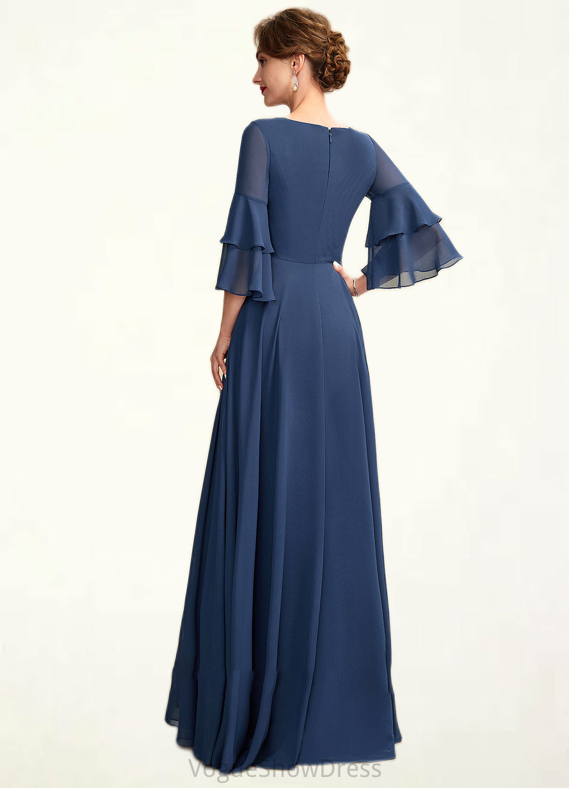 Piper A-Line V-neck Floor-Length Chiffon Mother of the Bride Dress With Cascading Ruffles DL126P0015003