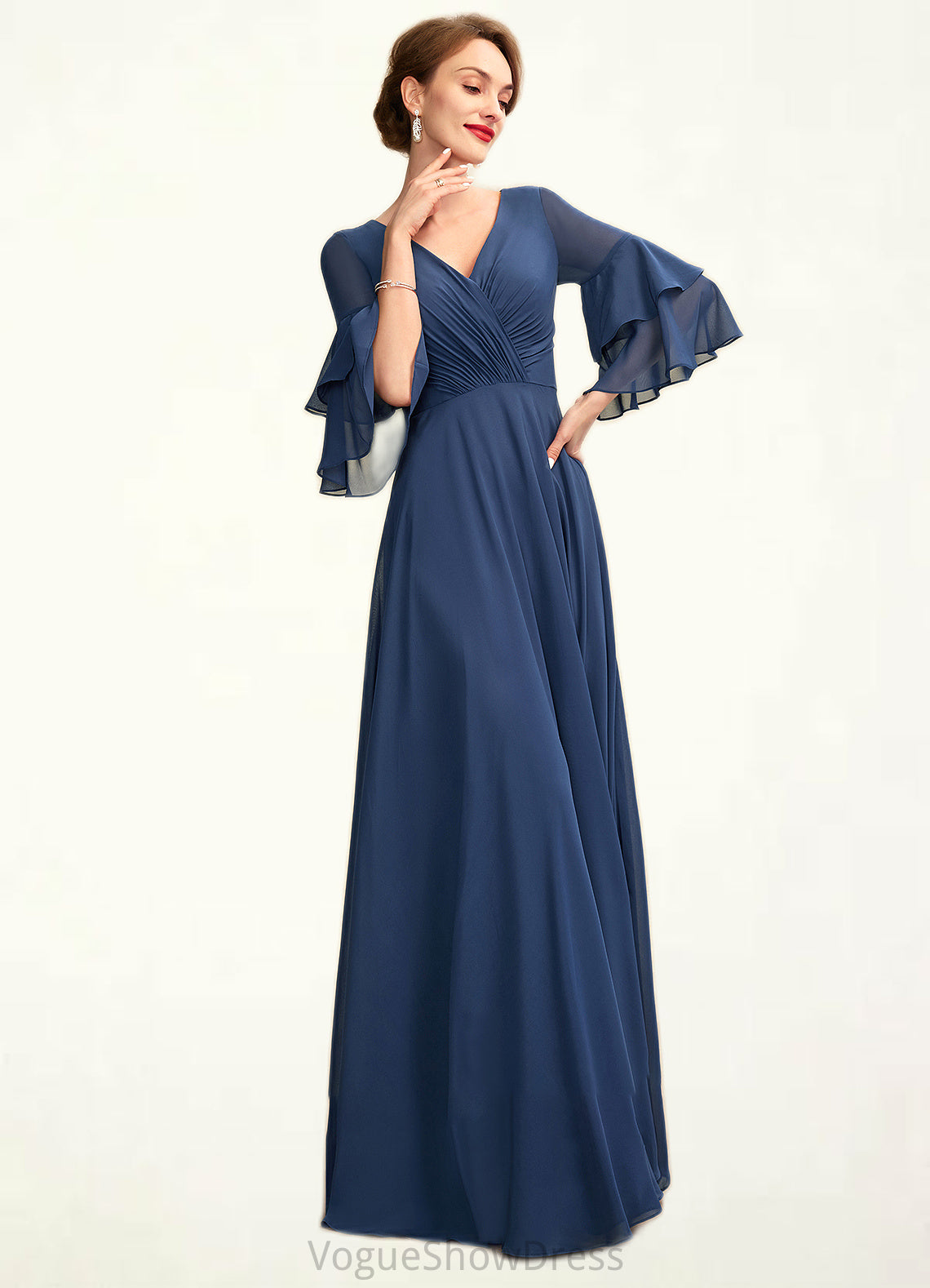 Piper A-Line V-neck Floor-Length Chiffon Mother of the Bride Dress With Cascading Ruffles DL126P0015003