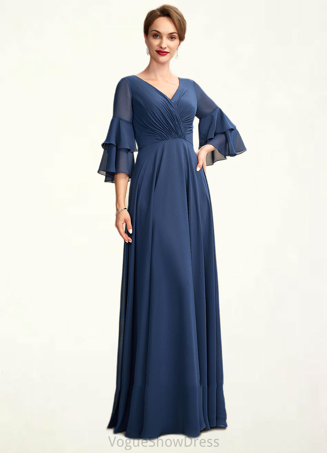 Piper A-Line V-neck Floor-Length Chiffon Mother of the Bride Dress With Cascading Ruffles DL126P0015003