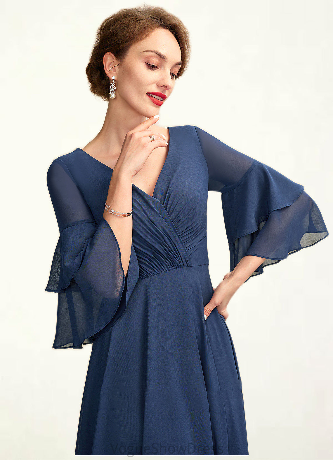 Piper A-Line V-neck Floor-Length Chiffon Mother of the Bride Dress With Cascading Ruffles DL126P0015003