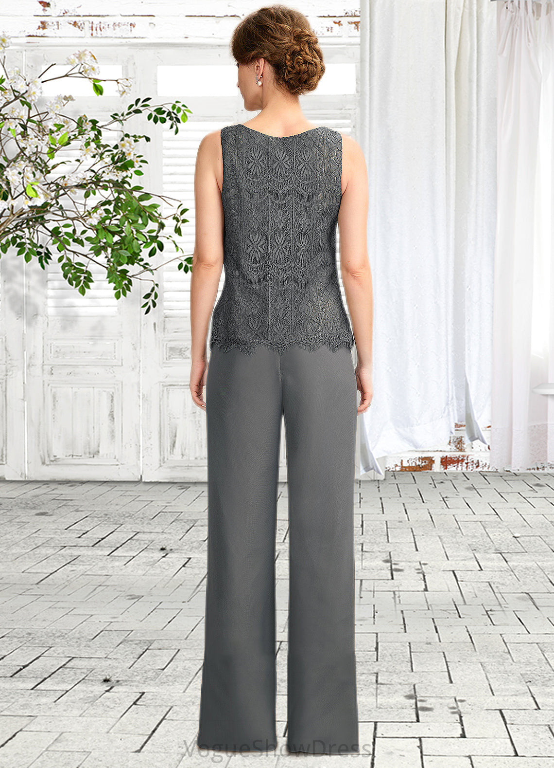 Jaden Jumpsuit/Pantsuit Scoop Neck Floor-Length Chiffon Lace Mother of the Bride Dress DL126P0015006