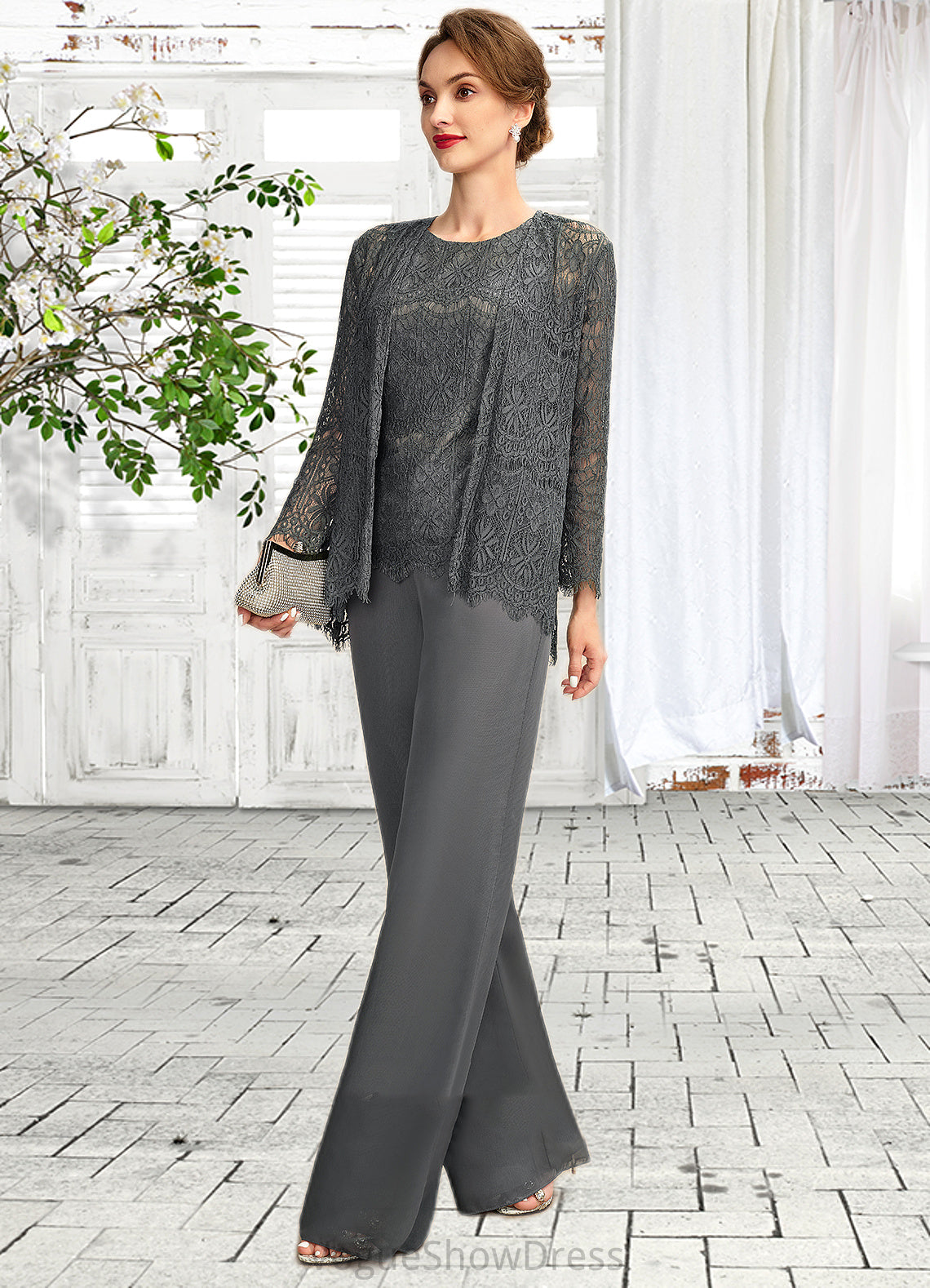 Jaden Jumpsuit/Pantsuit Scoop Neck Floor-Length Chiffon Lace Mother of the Bride Dress DL126P0015006