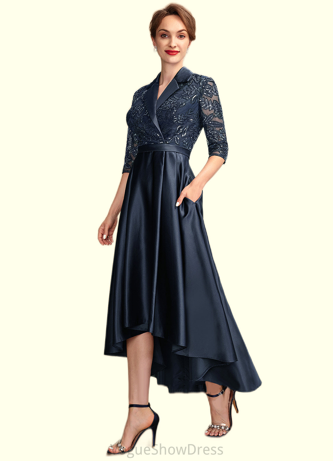 Chloe A-Line V-neck Asymmetrical Satin Lace Mother of the Bride Dress With Sequins Pockets DL126P0015008