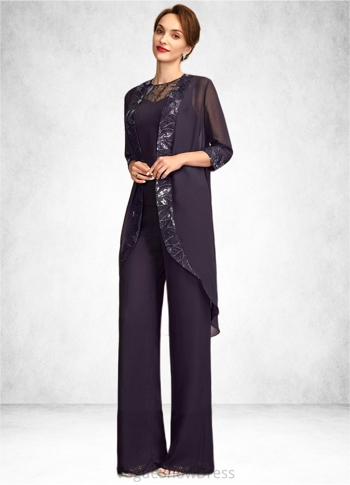 Scarlett Jumpsuit/Pantsuit Scoop Neck Floor-Length Chiffon Lace Mother of the Bride Dress With Sequins DL126P0015010