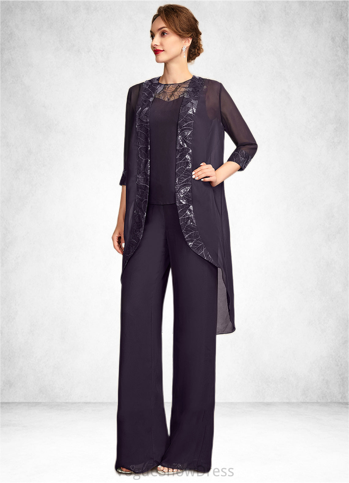 Scarlett Jumpsuit/Pantsuit Scoop Neck Floor-Length Chiffon Lace Mother of the Bride Dress With Sequins DL126P0015010