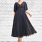 Teagan A-Line V-neck Tea-Length Chiffon Mother of the Bride Dress With Pleated DL126P0015012