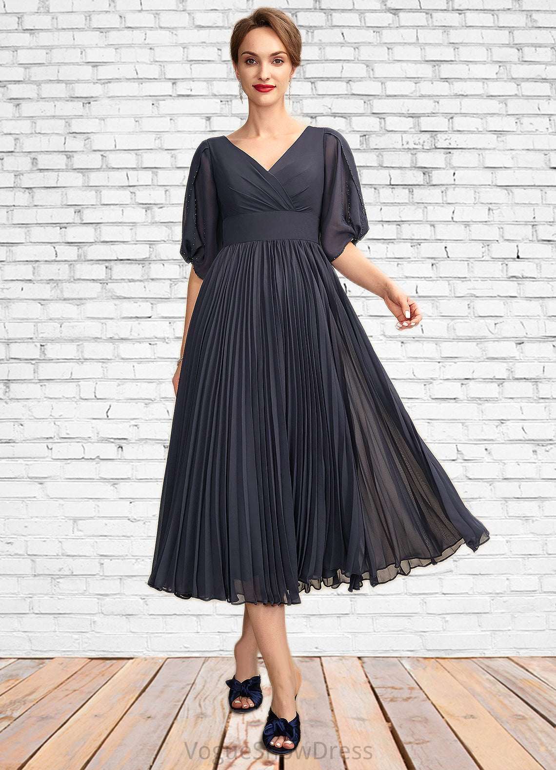 Teagan A-Line V-neck Tea-Length Chiffon Mother of the Bride Dress With Pleated DL126P0015012