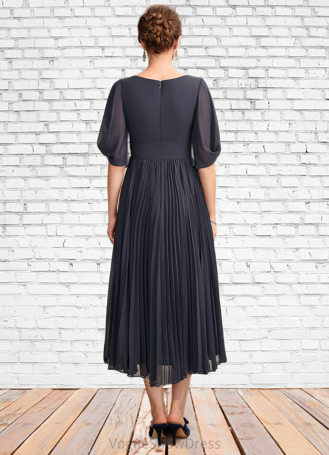 Teagan A-Line V-neck Tea-Length Chiffon Mother of the Bride Dress With Pleated DL126P0015012