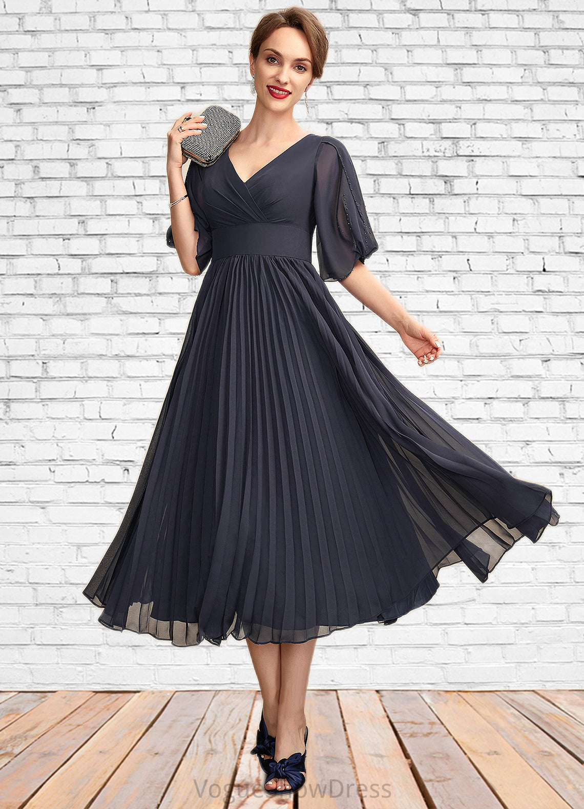 Teagan A-Line V-neck Tea-Length Chiffon Mother of the Bride Dress With Pleated DL126P0015012