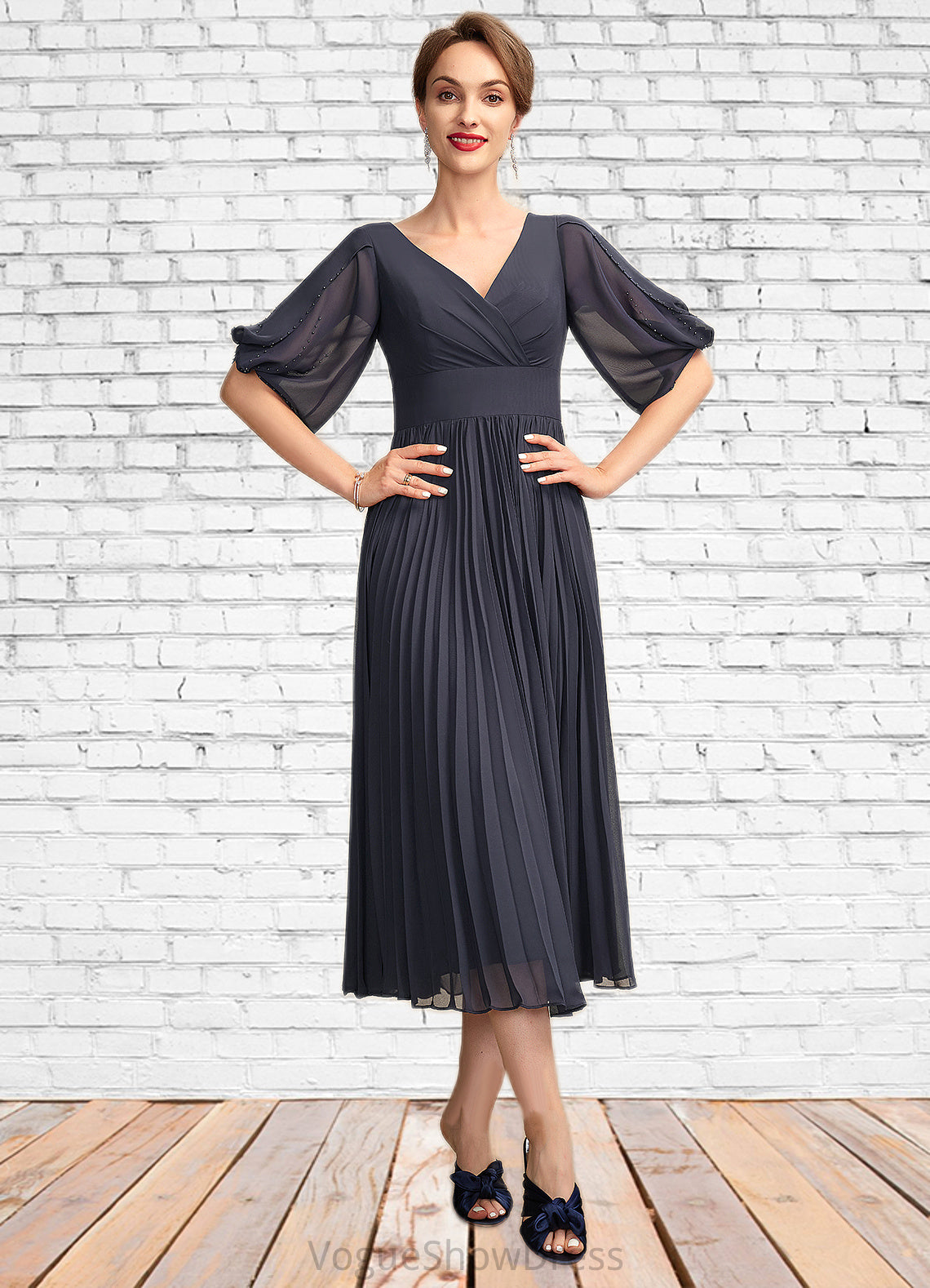 Teagan A-Line V-neck Tea-Length Chiffon Mother of the Bride Dress With Pleated DL126P0015012