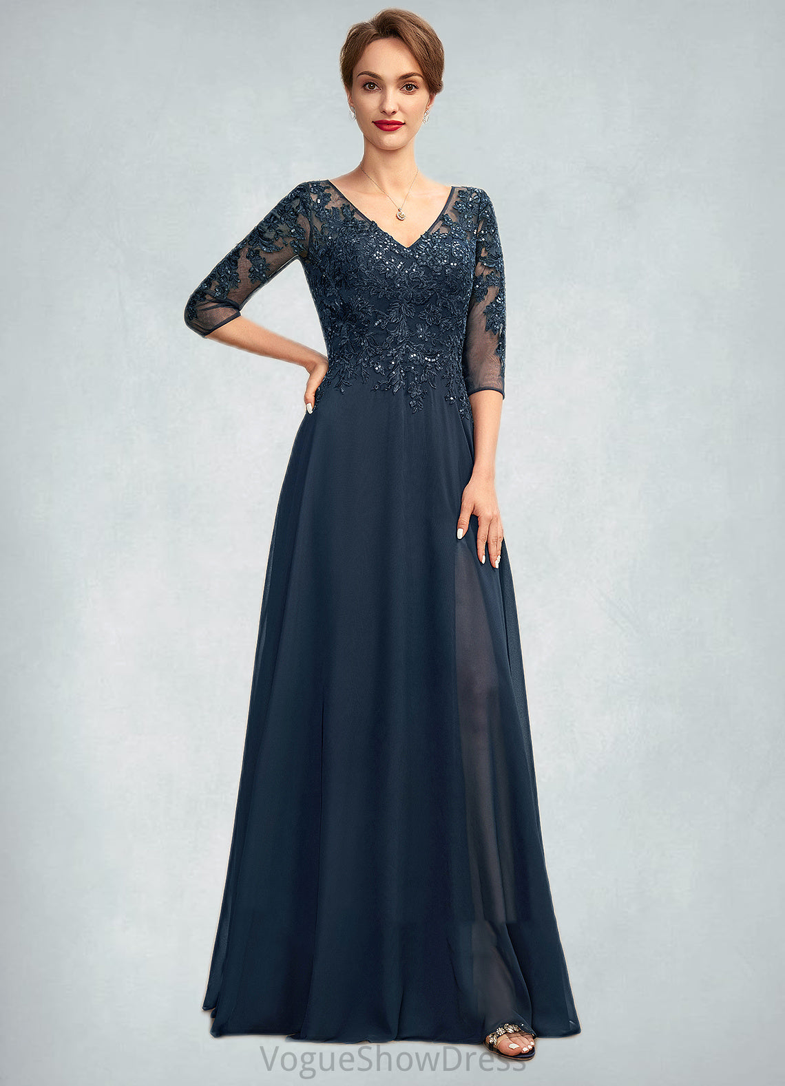 Ainsley A-Line V-neck Floor-Length Chiffon Lace Mother of the Bride Dress With Sequins Split Front DL126P0015014