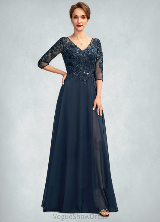 Ainsley A-Line V-neck Floor-Length Chiffon Lace Mother of the Bride Dress With Sequins Split Front DL126P0015014