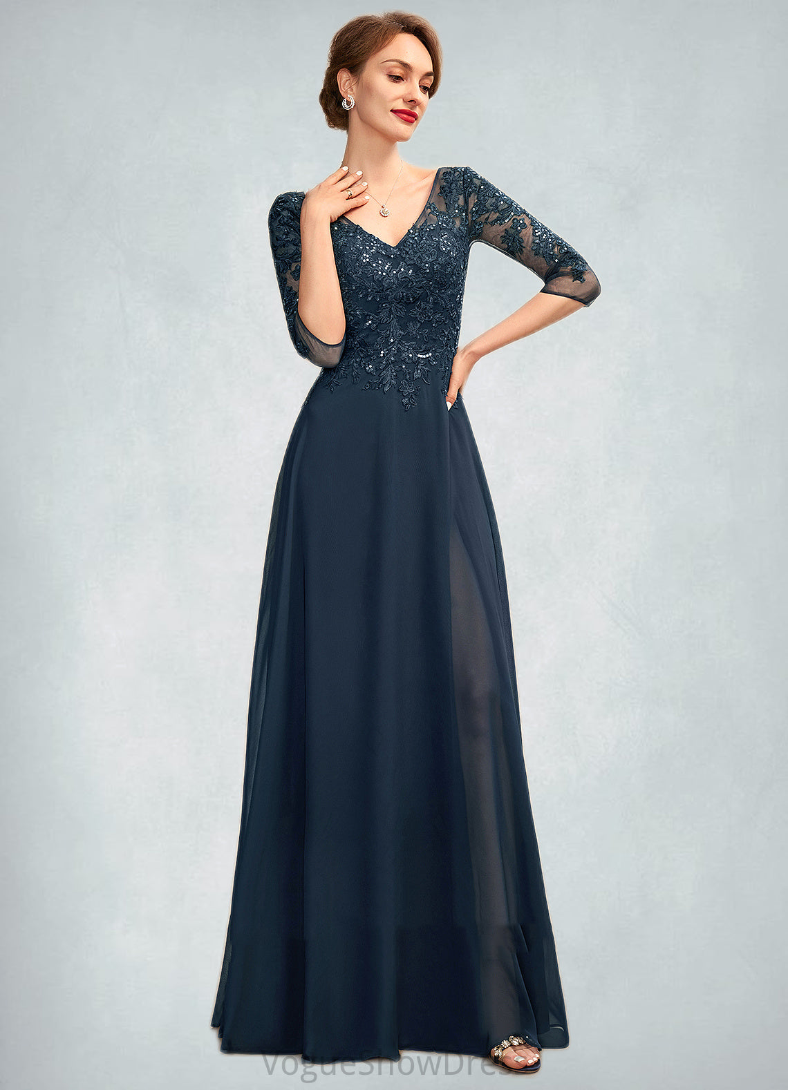 Ainsley A-Line V-neck Floor-Length Chiffon Lace Mother of the Bride Dress With Sequins Split Front DL126P0015014