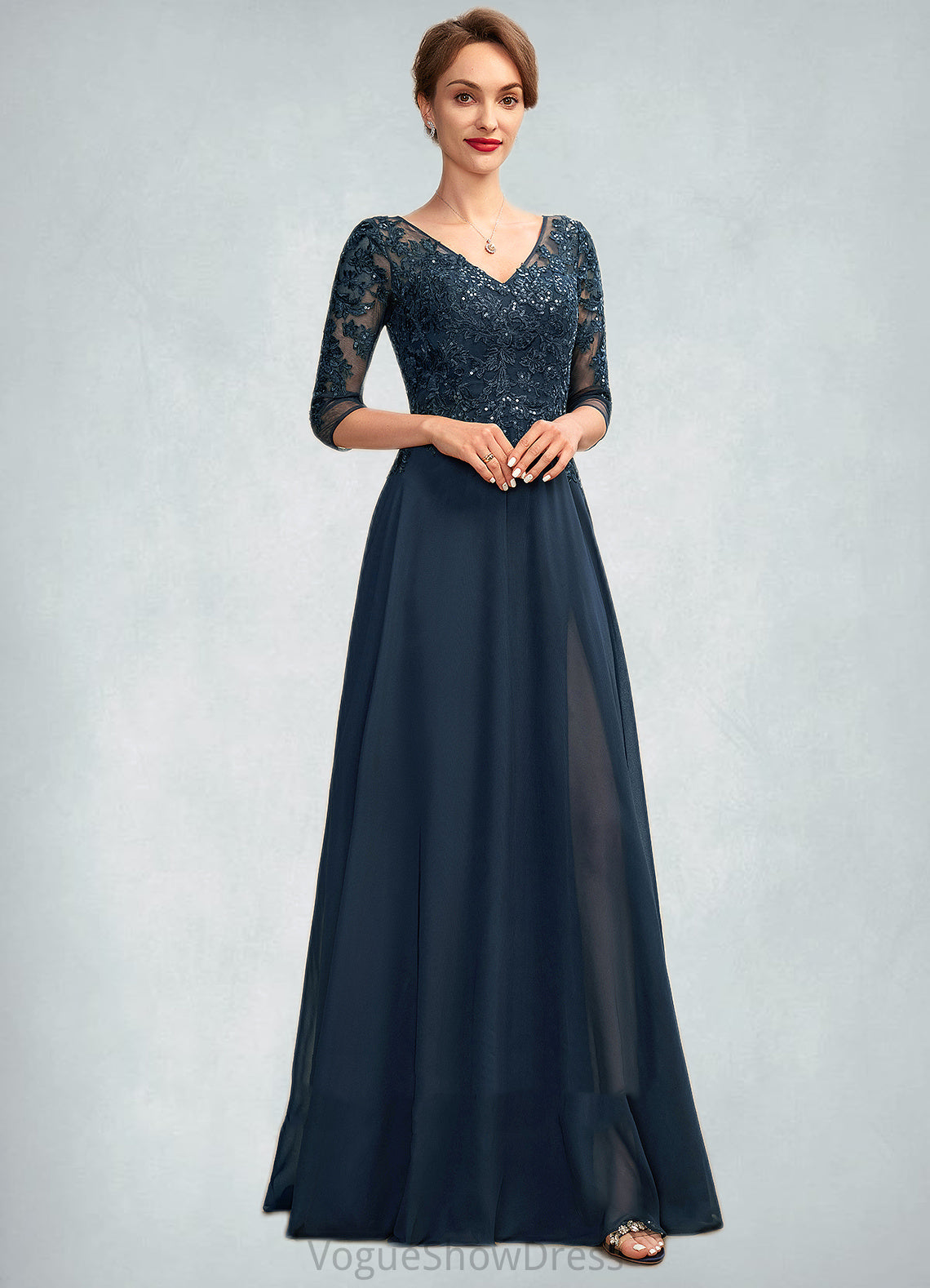 Ainsley A-Line V-neck Floor-Length Chiffon Lace Mother of the Bride Dress With Sequins Split Front DL126P0015014