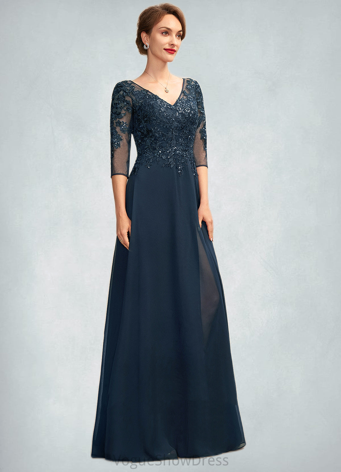 Ainsley A-Line V-neck Floor-Length Chiffon Lace Mother of the Bride Dress With Sequins Split Front DL126P0015014