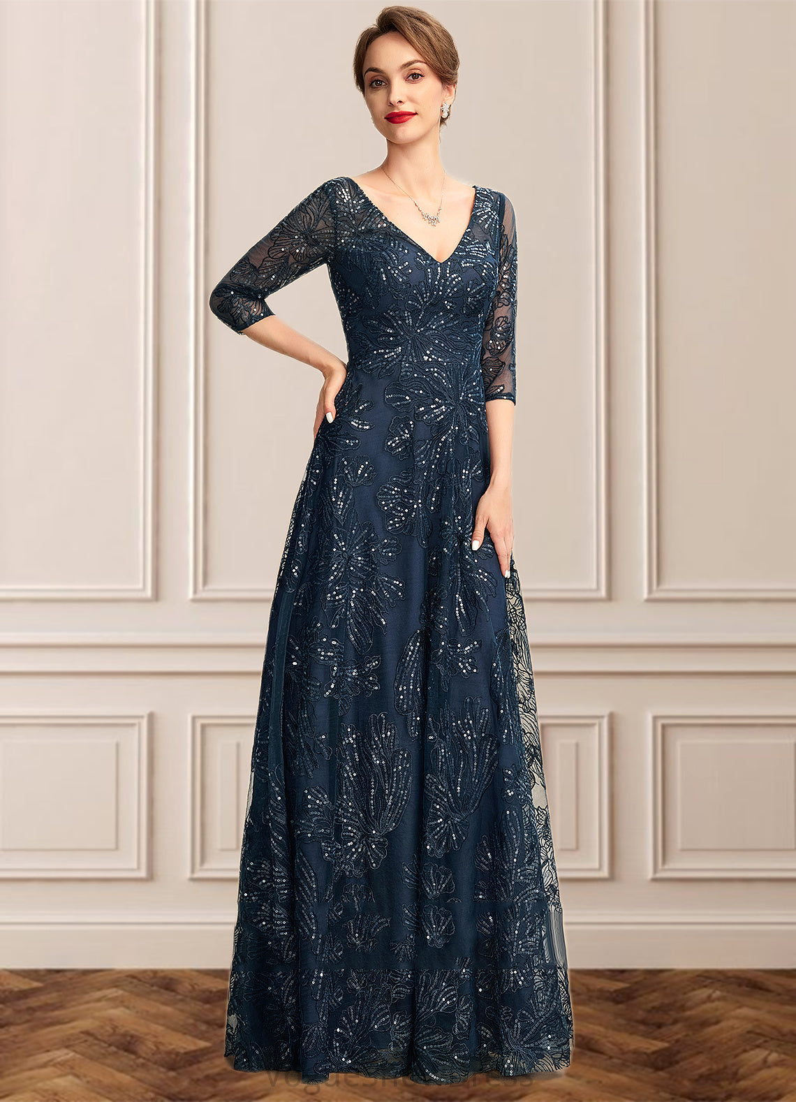 Iyana A-Line V-neck Floor-Length Lace Mother of the Bride Dress With Sequins DL126P0015015