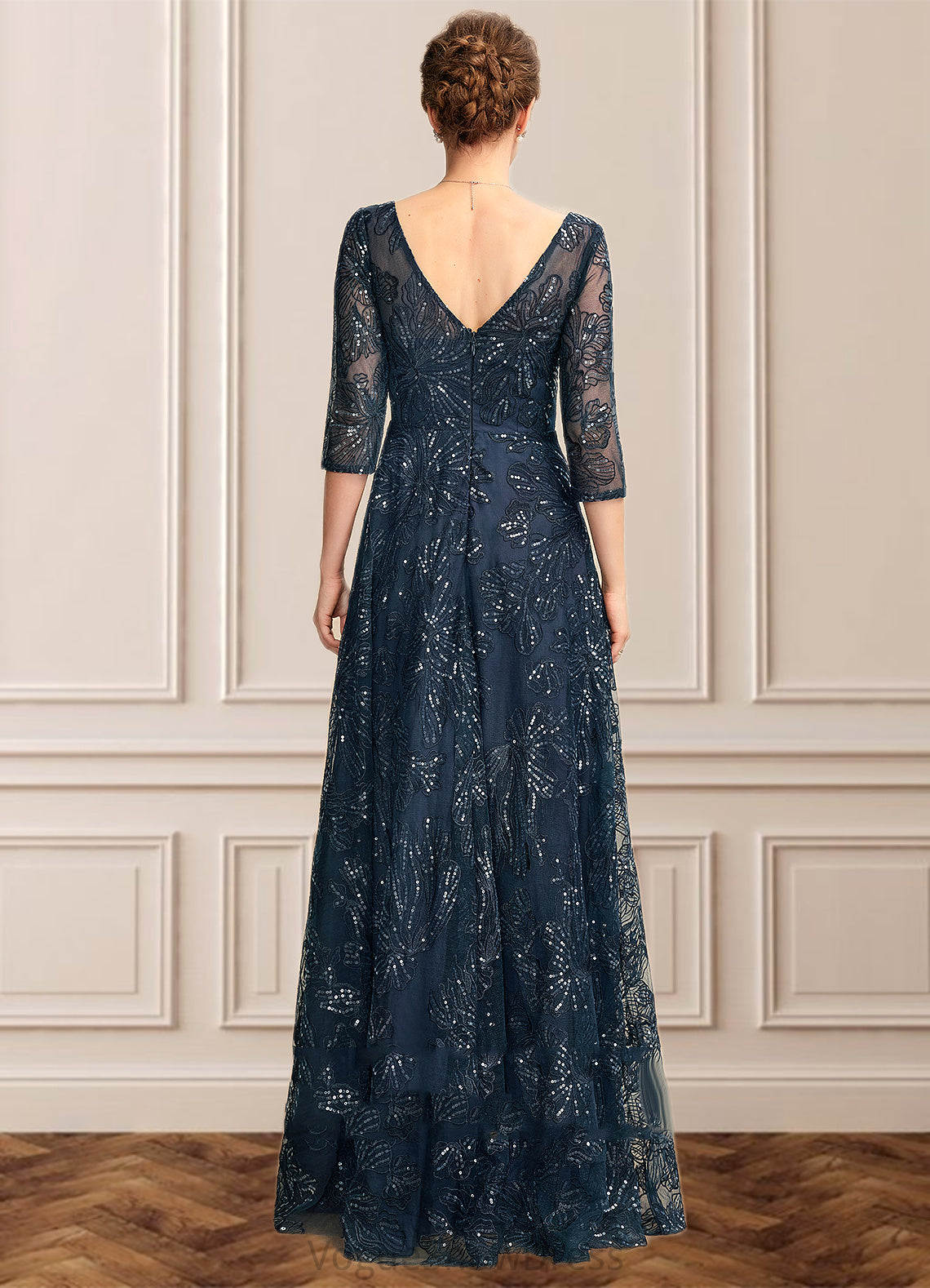 Iyana A-Line V-neck Floor-Length Lace Mother of the Bride Dress With Sequins DL126P0015015