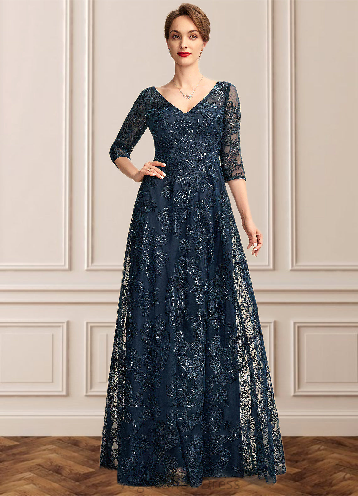 Iyana A-Line V-neck Floor-Length Lace Mother of the Bride Dress With Sequins DL126P0015015