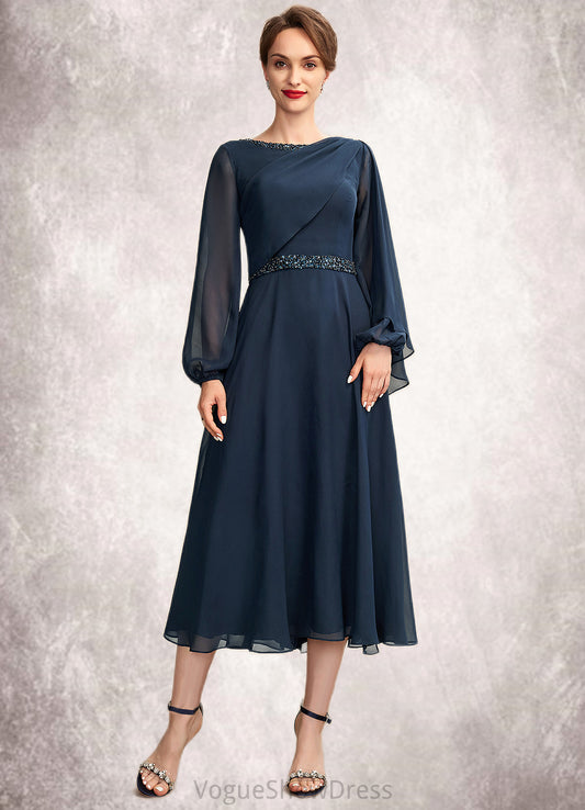 Cheryl A-Line Scoop Neck Tea-Length Chiffon Mother of the Bride Dress With Beading Sequins DL126P0015018