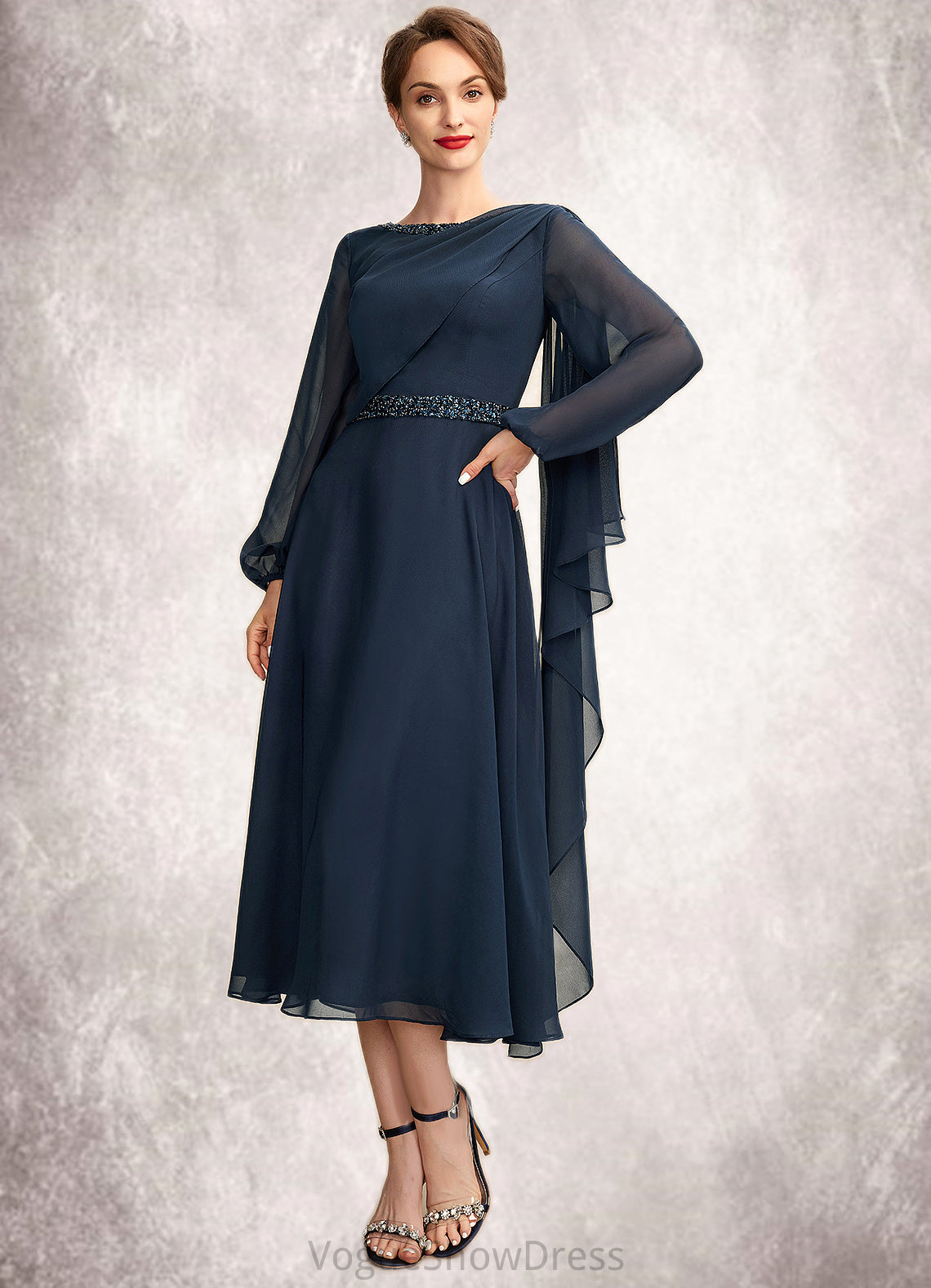 Cheryl A-Line Scoop Neck Tea-Length Chiffon Mother of the Bride Dress With Beading Sequins DL126P0015018