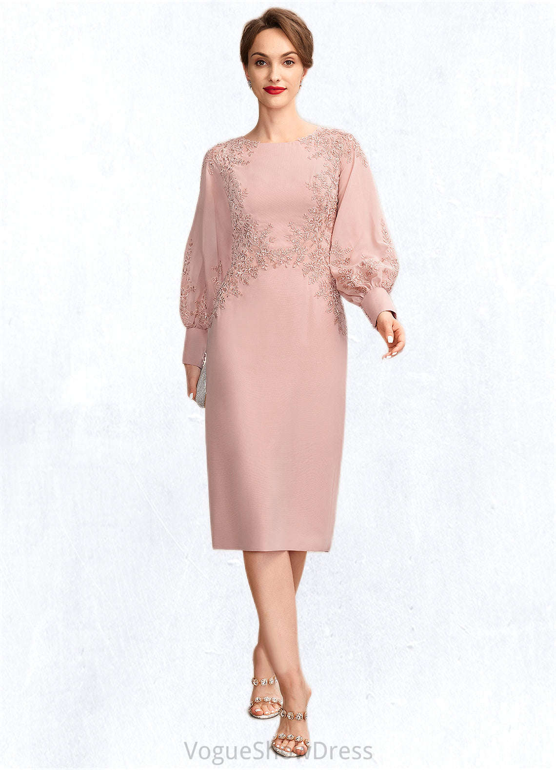 Leah Sheath/Column Scoop Neck Knee-Length Chiffon Lace Mother of the Bride Dress With Beading Sequins DL126P0015020