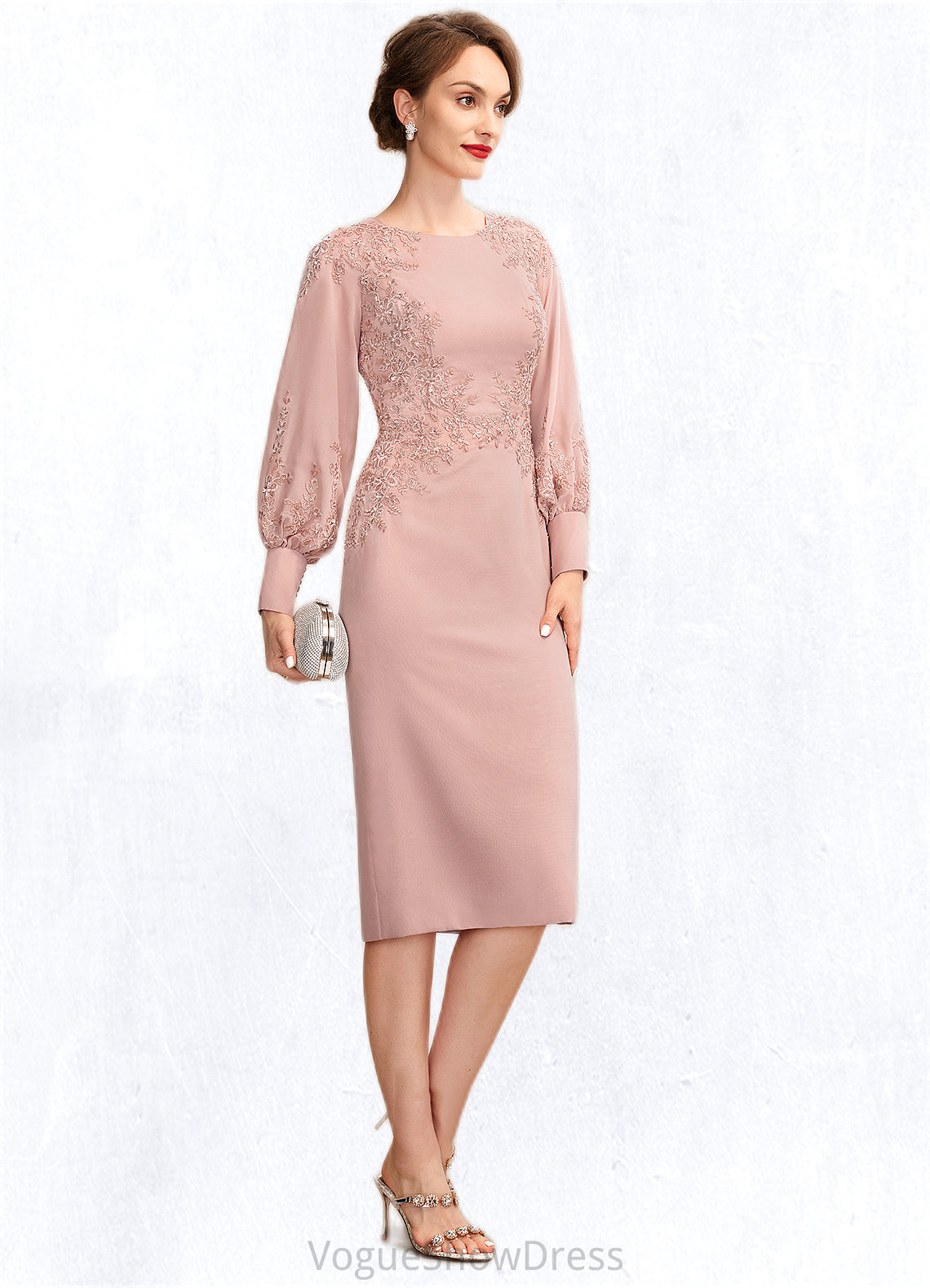 Leah Sheath/Column Scoop Neck Knee-Length Chiffon Lace Mother of the Bride Dress With Beading Sequins DL126P0015020