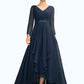 Leah A-Line V-neck Asymmetrical Chiffon Mother of the Bride Dress With Ruffle Beading Bow(s) DL126P0015021