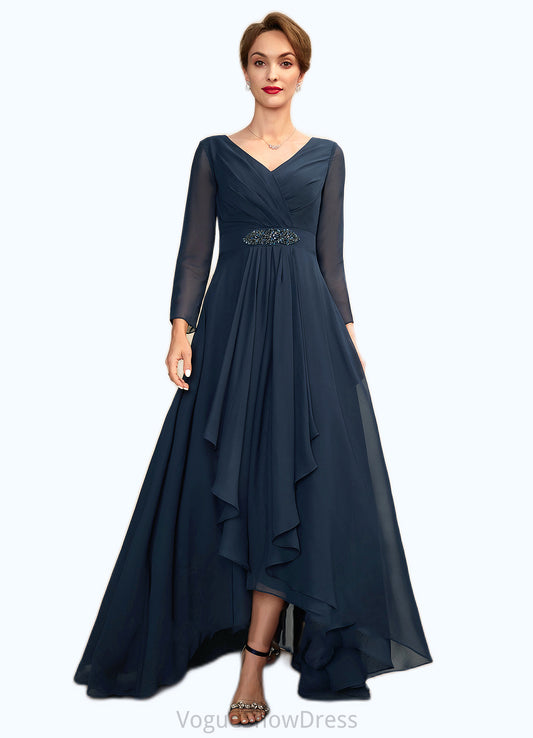 Leah A-Line V-neck Asymmetrical Chiffon Mother of the Bride Dress With Ruffle Beading Bow(s) DL126P0015021