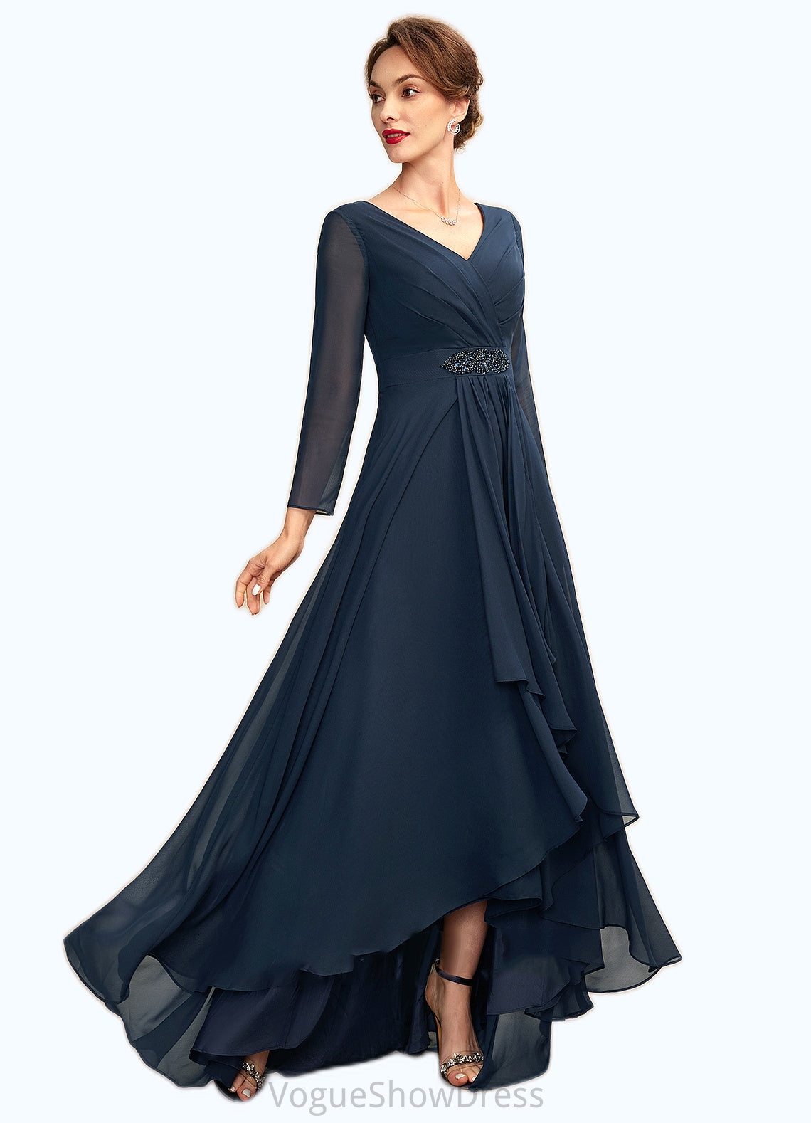 Leah A-Line V-neck Asymmetrical Chiffon Mother of the Bride Dress With Ruffle Beading Bow(s) DL126P0015021