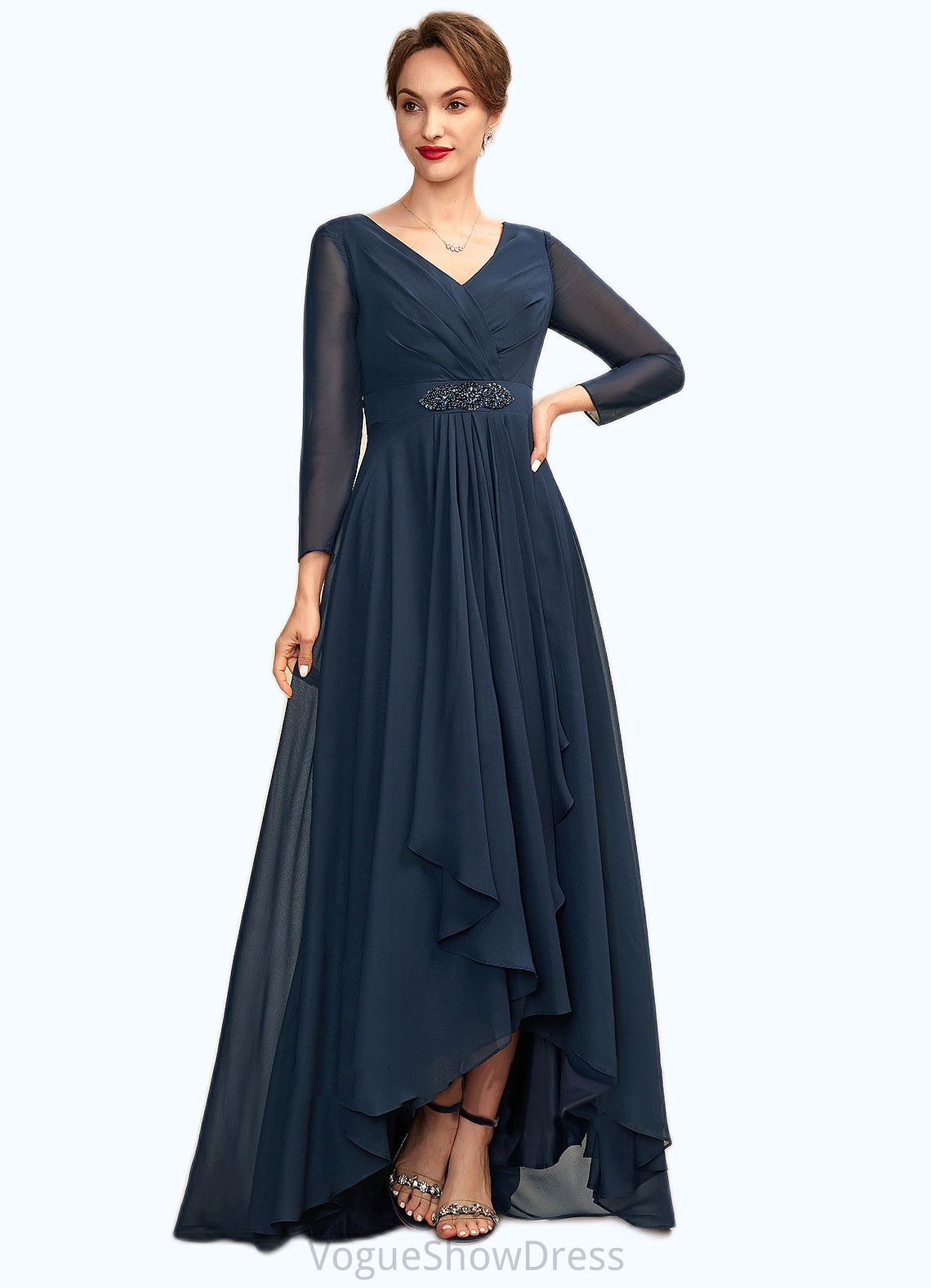 Leah A-Line V-neck Asymmetrical Chiffon Mother of the Bride Dress With Ruffle Beading Bow(s) DL126P0015021