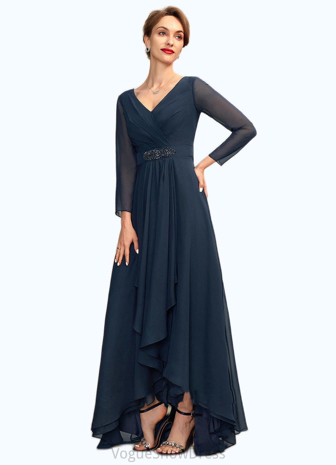 Leah A-Line V-neck Asymmetrical Chiffon Mother of the Bride Dress With Ruffle Beading Bow(s) DL126P0015021