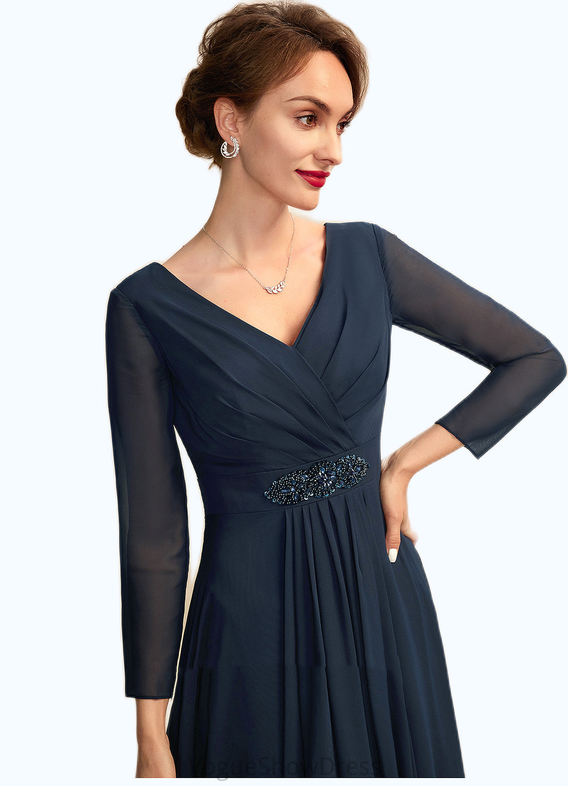 Leah A-Line V-neck Asymmetrical Chiffon Mother of the Bride Dress With Ruffle Beading Bow(s) DL126P0015021