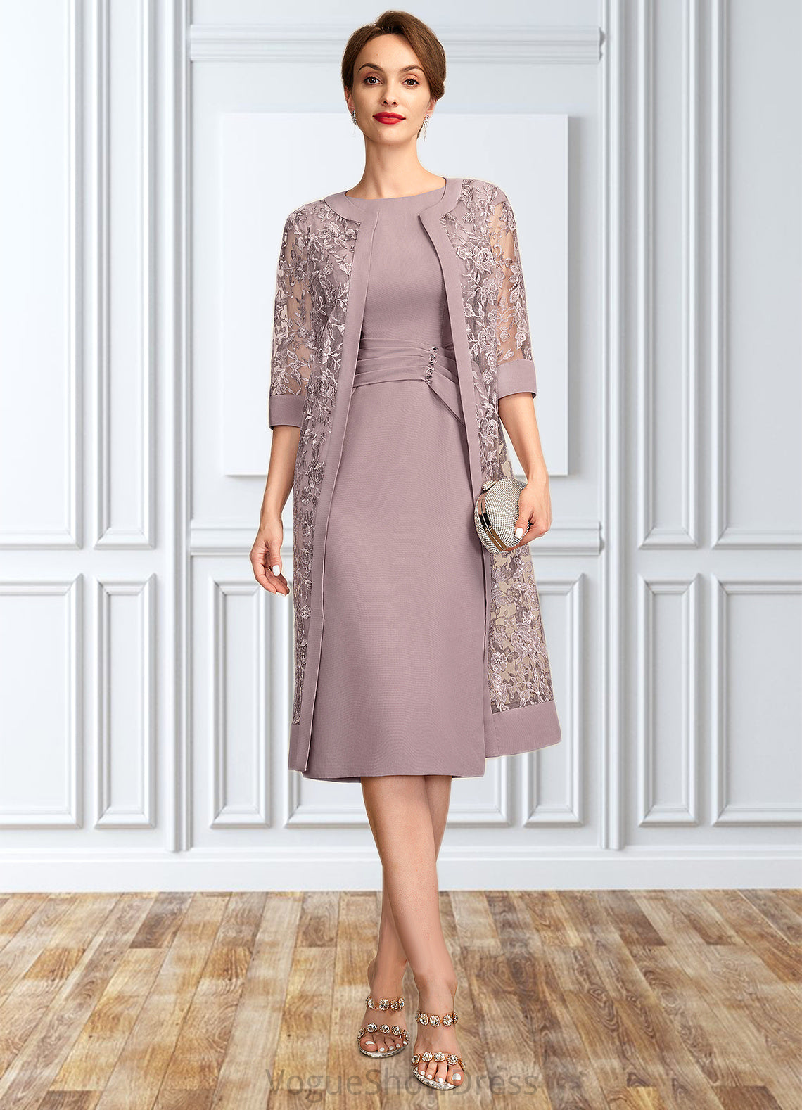 Aylin Sheath/Column Scoop Neck Knee-Length Chiffon Mother of the Bride Dress With Ruffle Sequins DL126P0015023