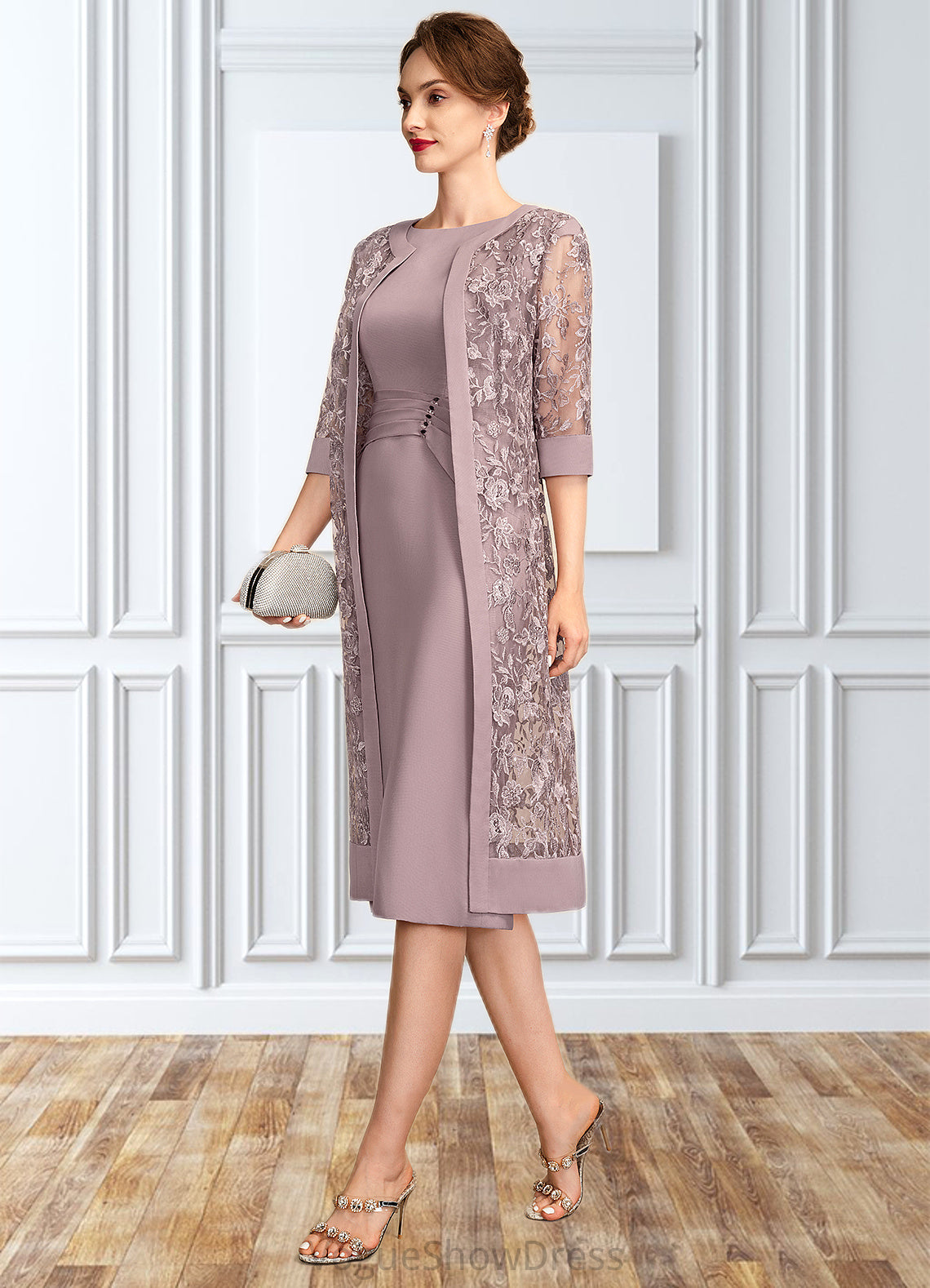 Aylin Sheath/Column Scoop Neck Knee-Length Chiffon Mother of the Bride Dress With Ruffle Sequins DL126P0015023